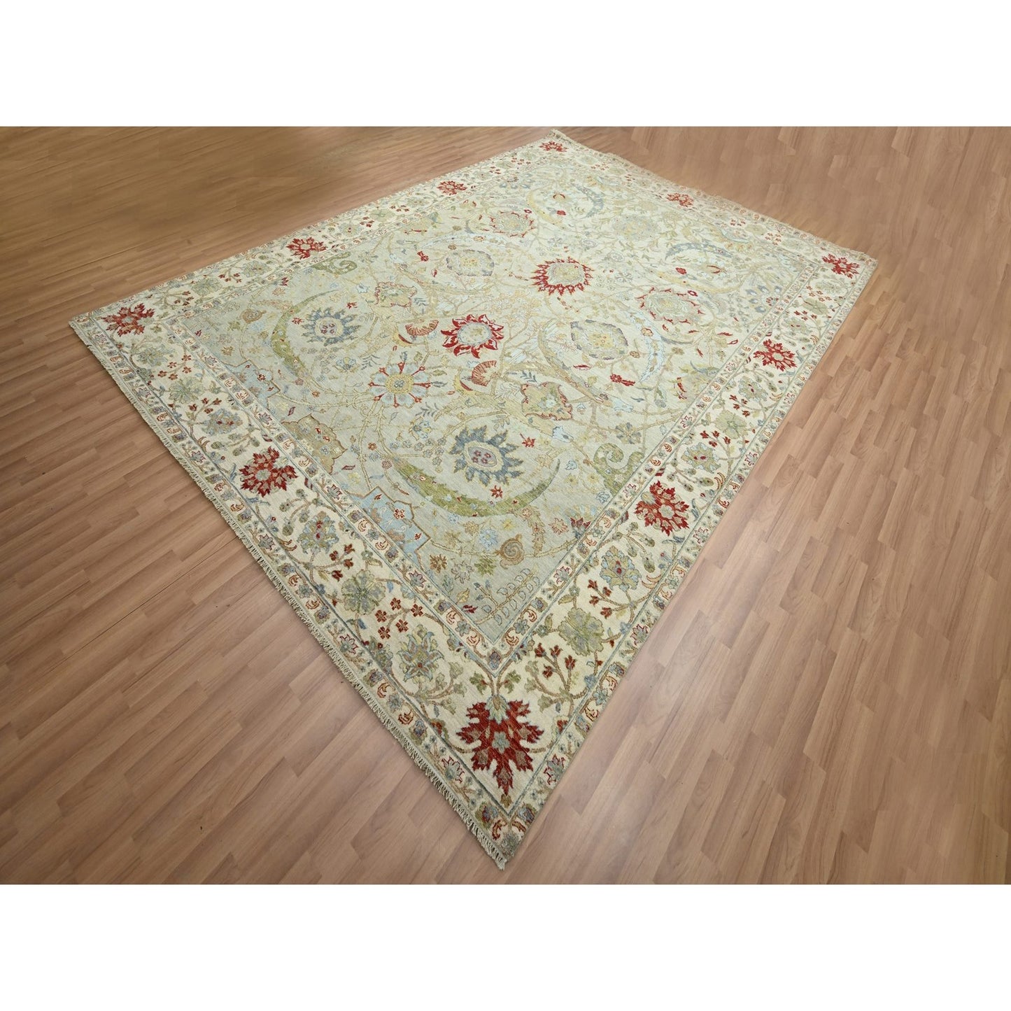 9'1"X12'3" Pelican Gray Sickle Leaf Design Hand Knotted Pure Wool Rug