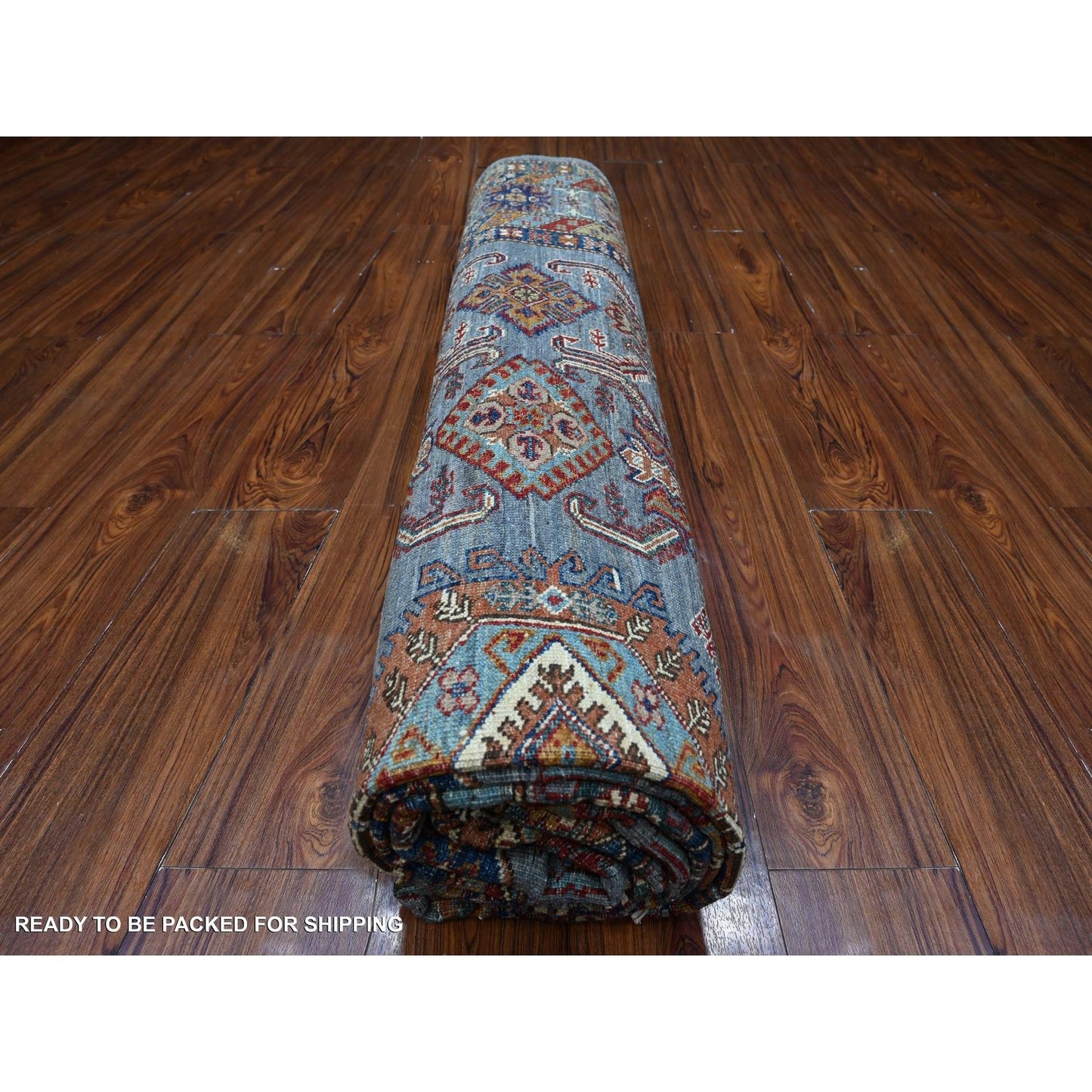 8'X9'6" Slate Gray Hand Knotted Geometric Super Kazak Wool Oriental Rug