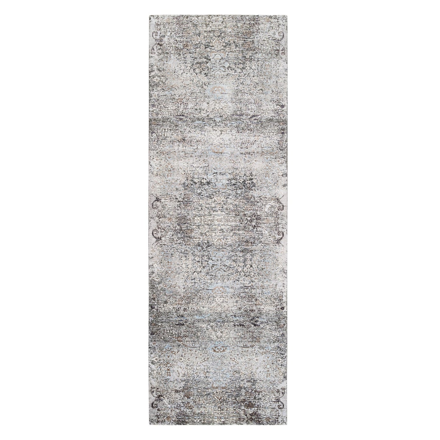 4'X12' Gray Transitional Silk/Wool Hand Knotted Wide Runner Oriental Rug
