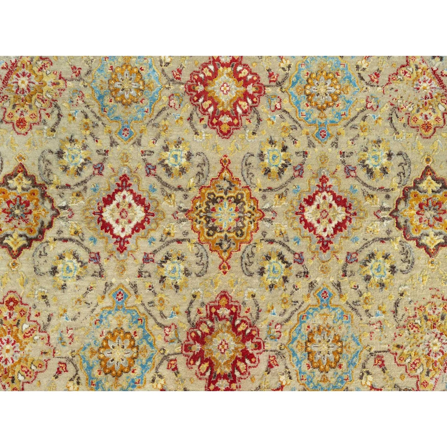 6'X6' Camel Wool And Silk Sunset Rosettes Hand Knotted Round Oriental Rug