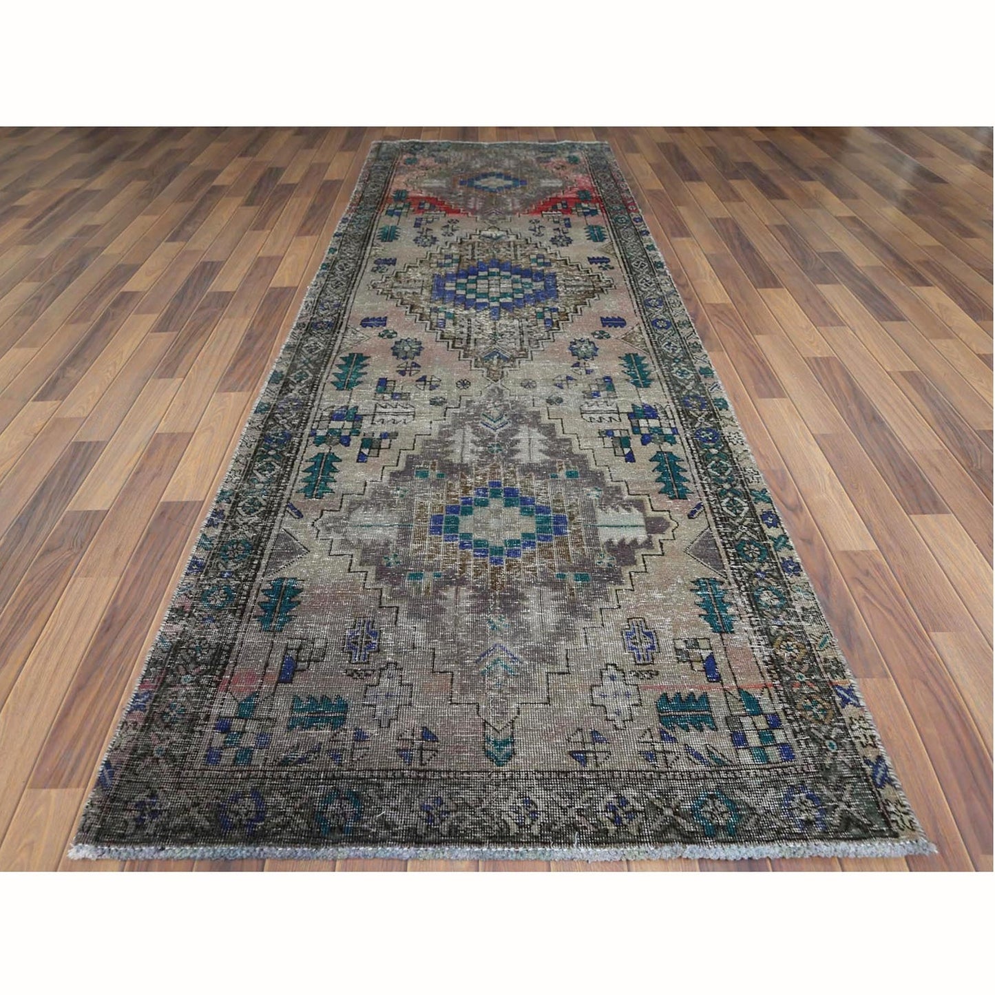 3'8"X11'2" Farsian Amadan Gray Hand Knotted Worn Wool Runner Rug