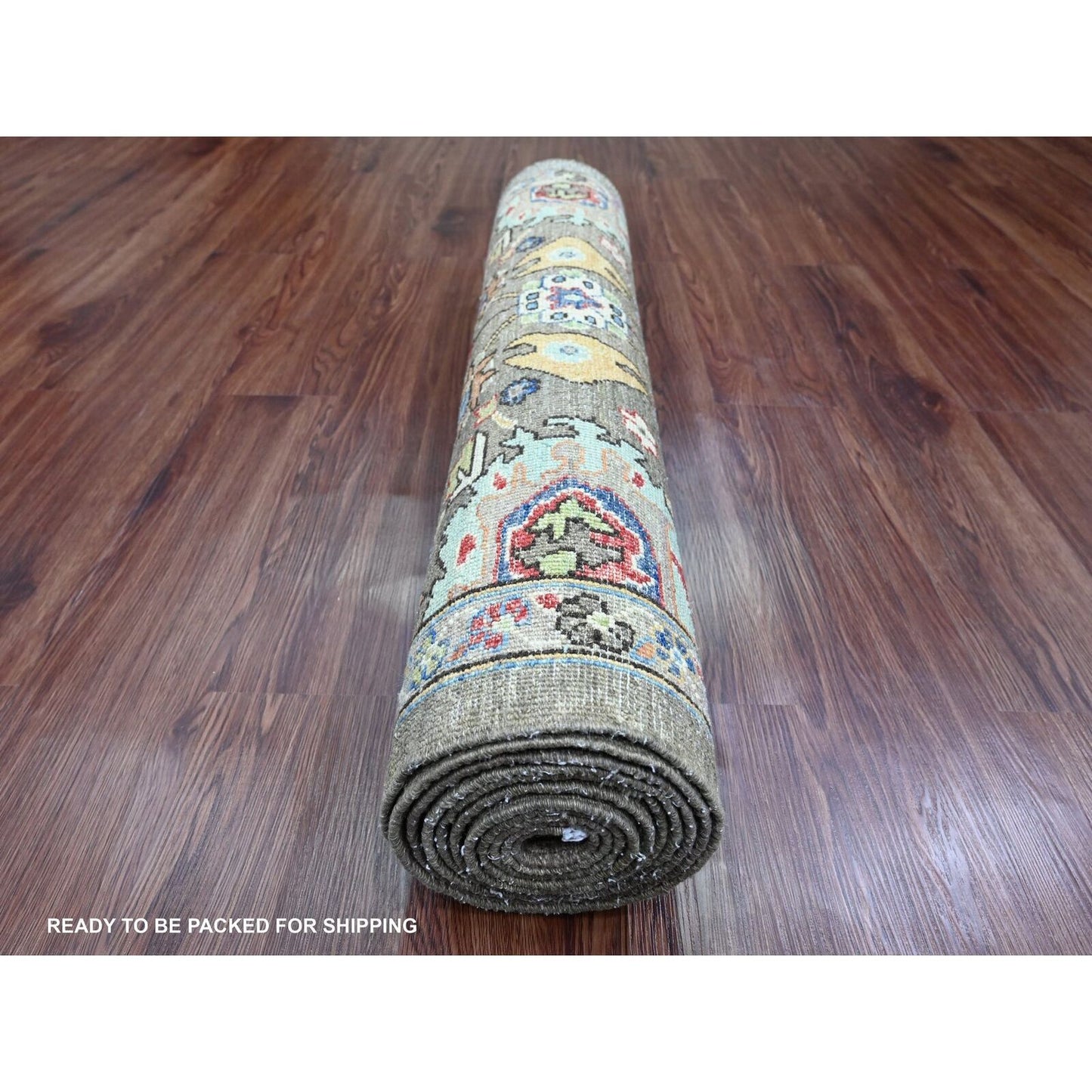 3'2"X11'8" Brown Peshawar Heris Design Pure Wool Hand Knotted Runner Rug