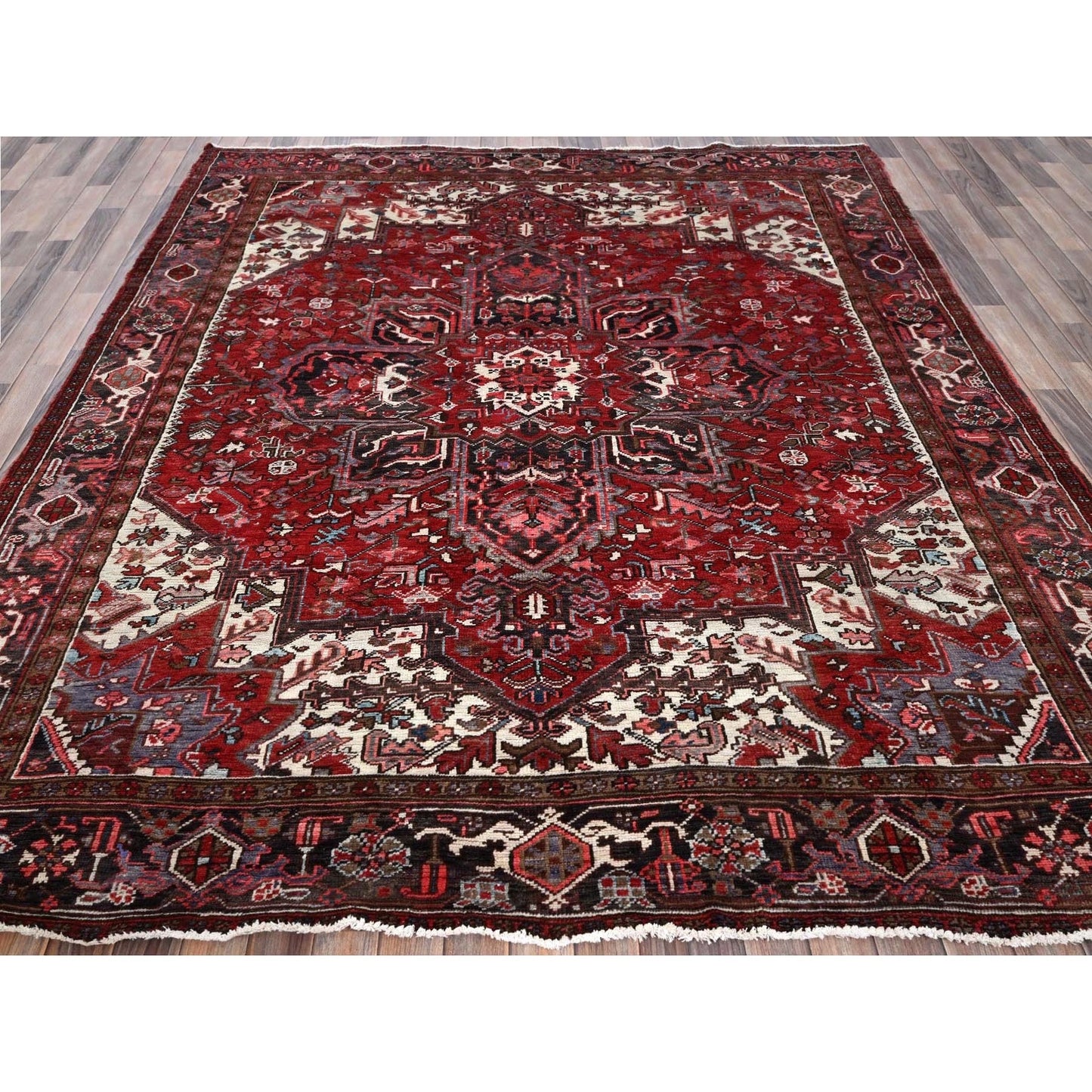 8'X9'2" Red Vintage Zoroastrian Heris Pure Wool Hand Knotted Worn Down Rug