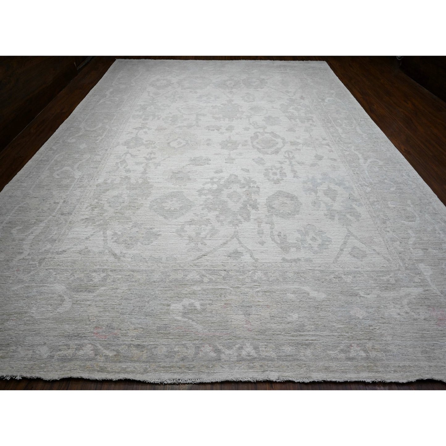 11'4"X15'5" Smoke White Wool Weft Afghan Angora Oushak Xl Oriental Rug