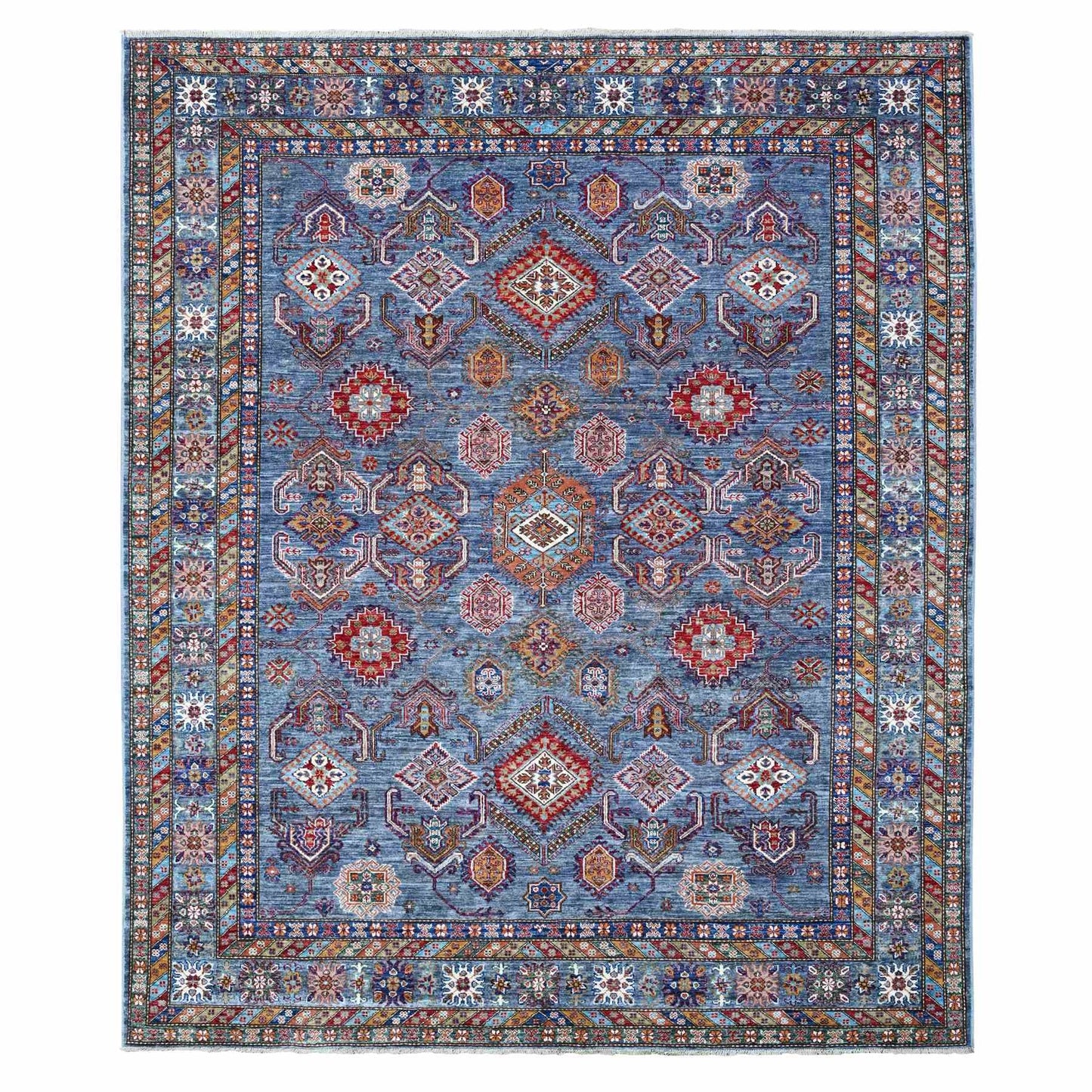 8'X9'6" Slate Gray Hand Knotted Geometric Super Kazak Wool Oriental Rug