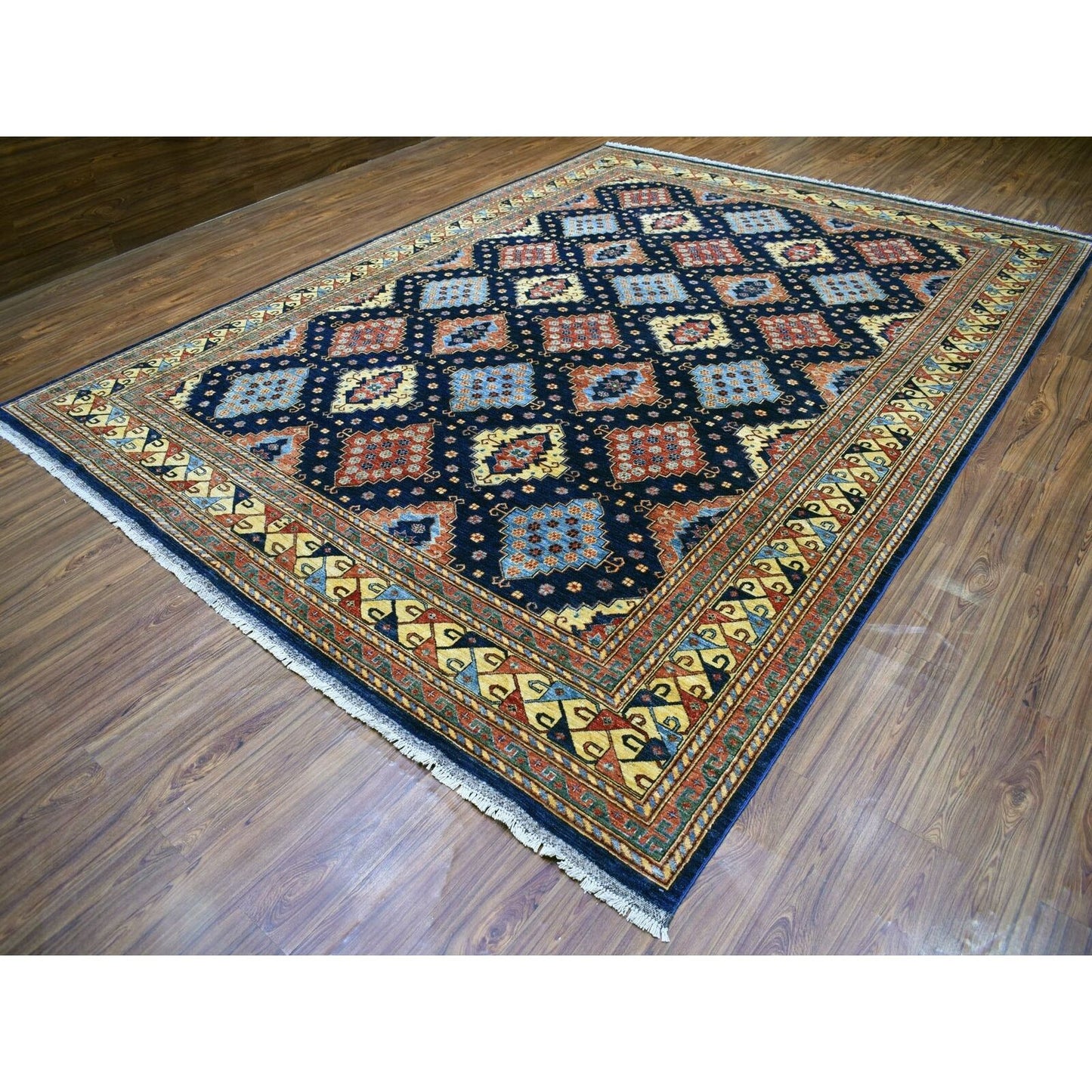 10'1"X13'3" Navy Blue Afghan Ersari Geometric Design Handknotted Wool Rug