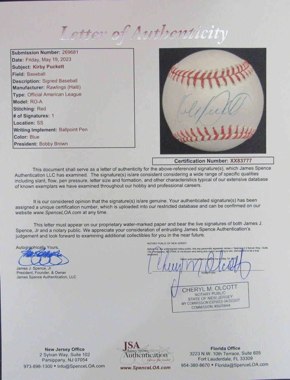 Kirby Puckett Hof Autographed Oal Baseball Minnesota Twins Jsa 179916