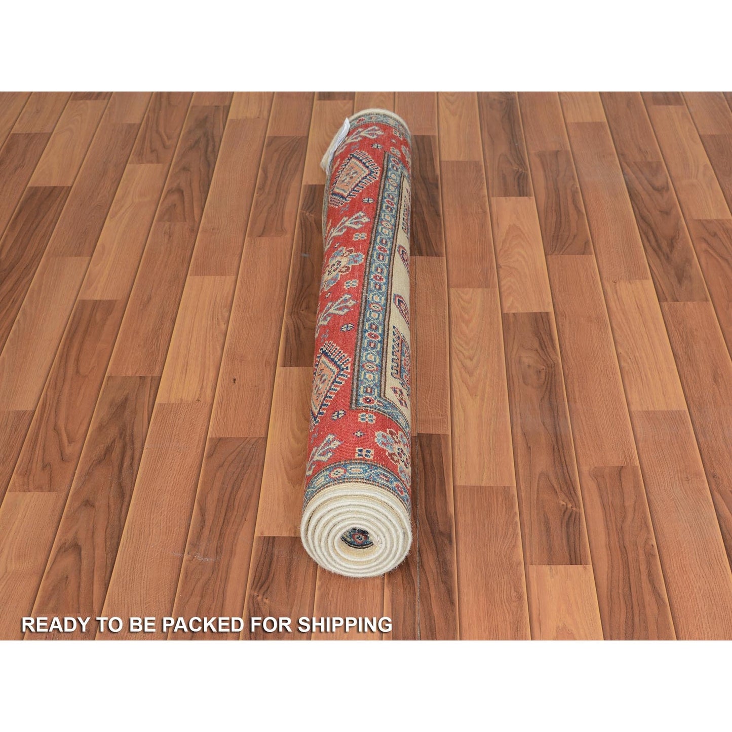 4'X5'10" Ivory Special Kazak Tribal Design Pure Wool Hand Knotted Rug