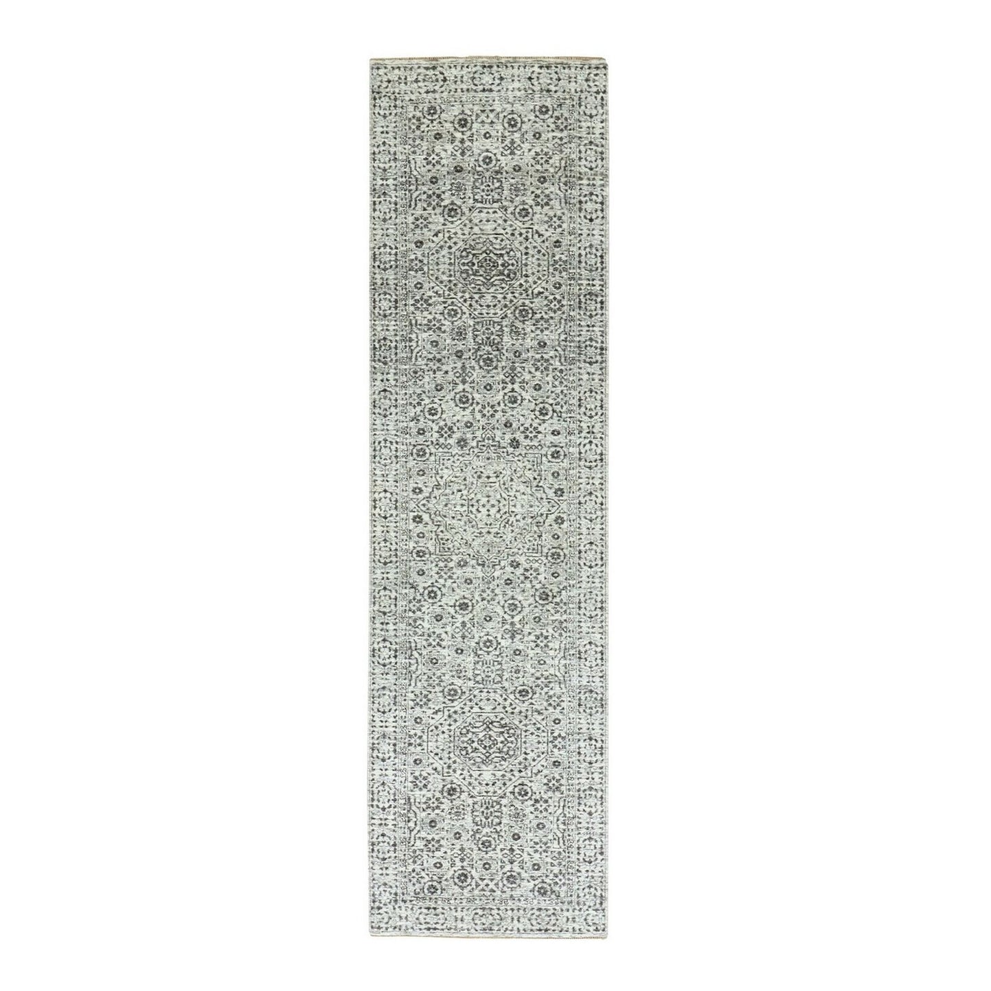 2'8"X10' White Mamluk Dynasty Design Undyed Wool Hand Knotted Runner Rug