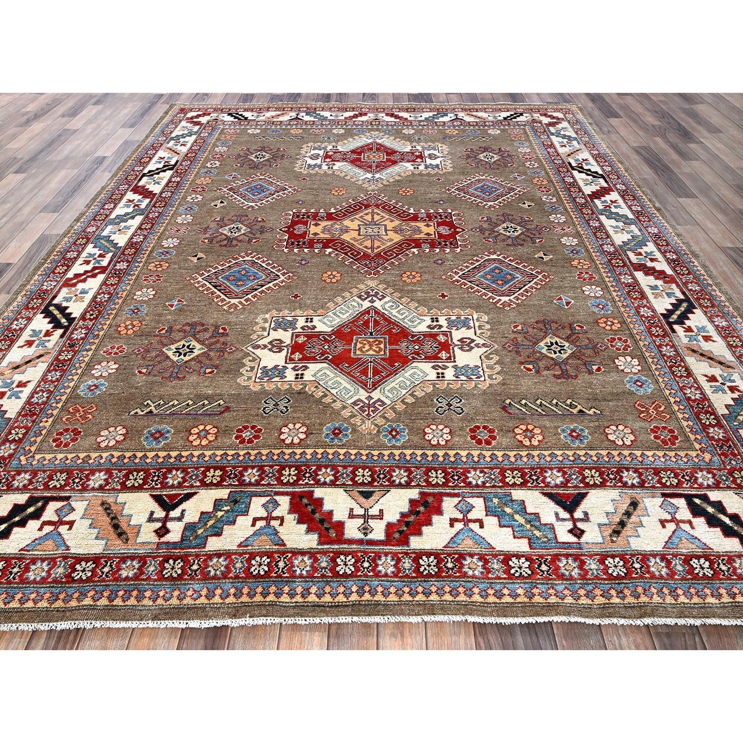 8'2"X10' Brown Afghan Special Kazak Geometric Design Hand Knotted Wool Rug