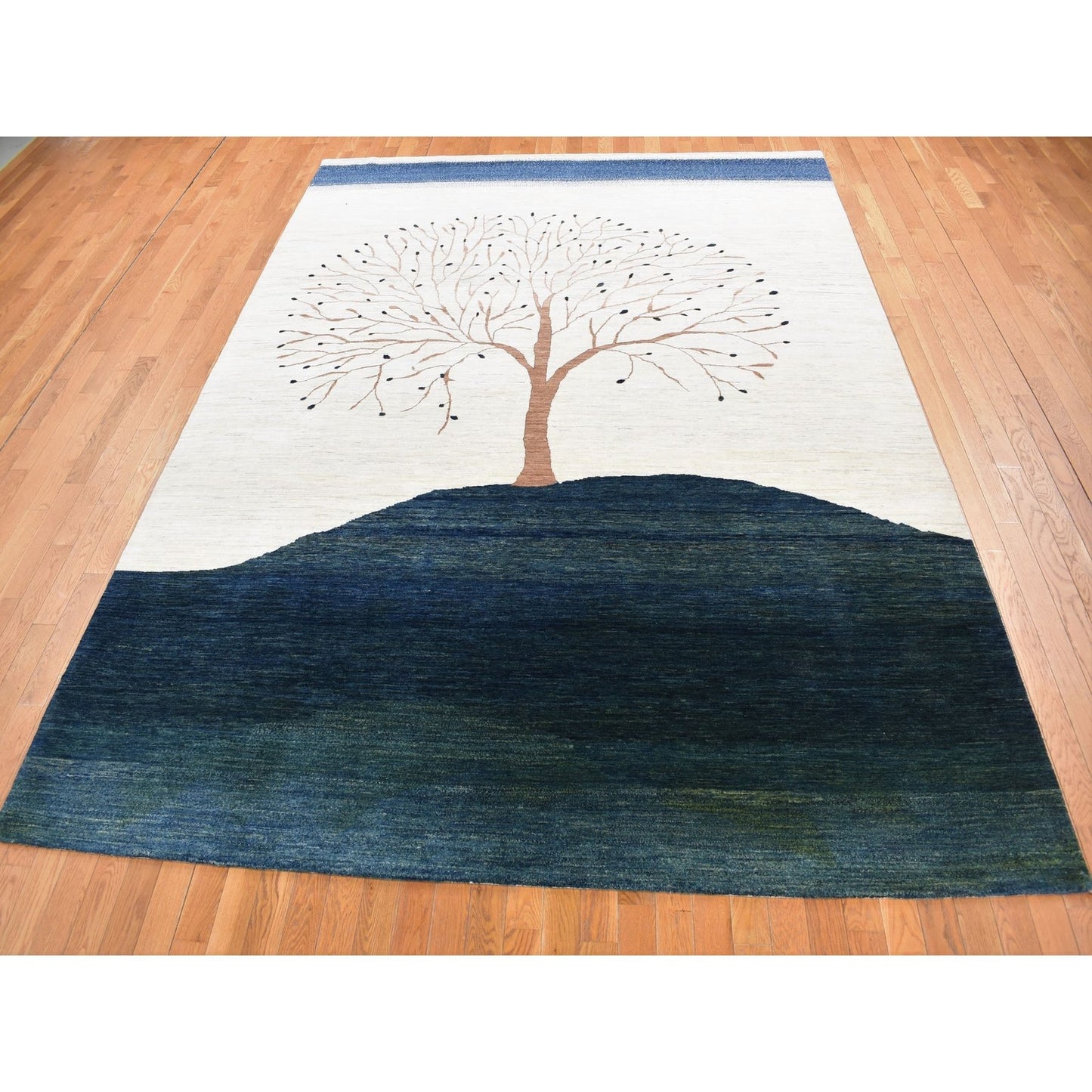 9'8"X13'8" Ivory Hand Knotted Modern Folk Art Tree Design Gabbeh Wool Rug
