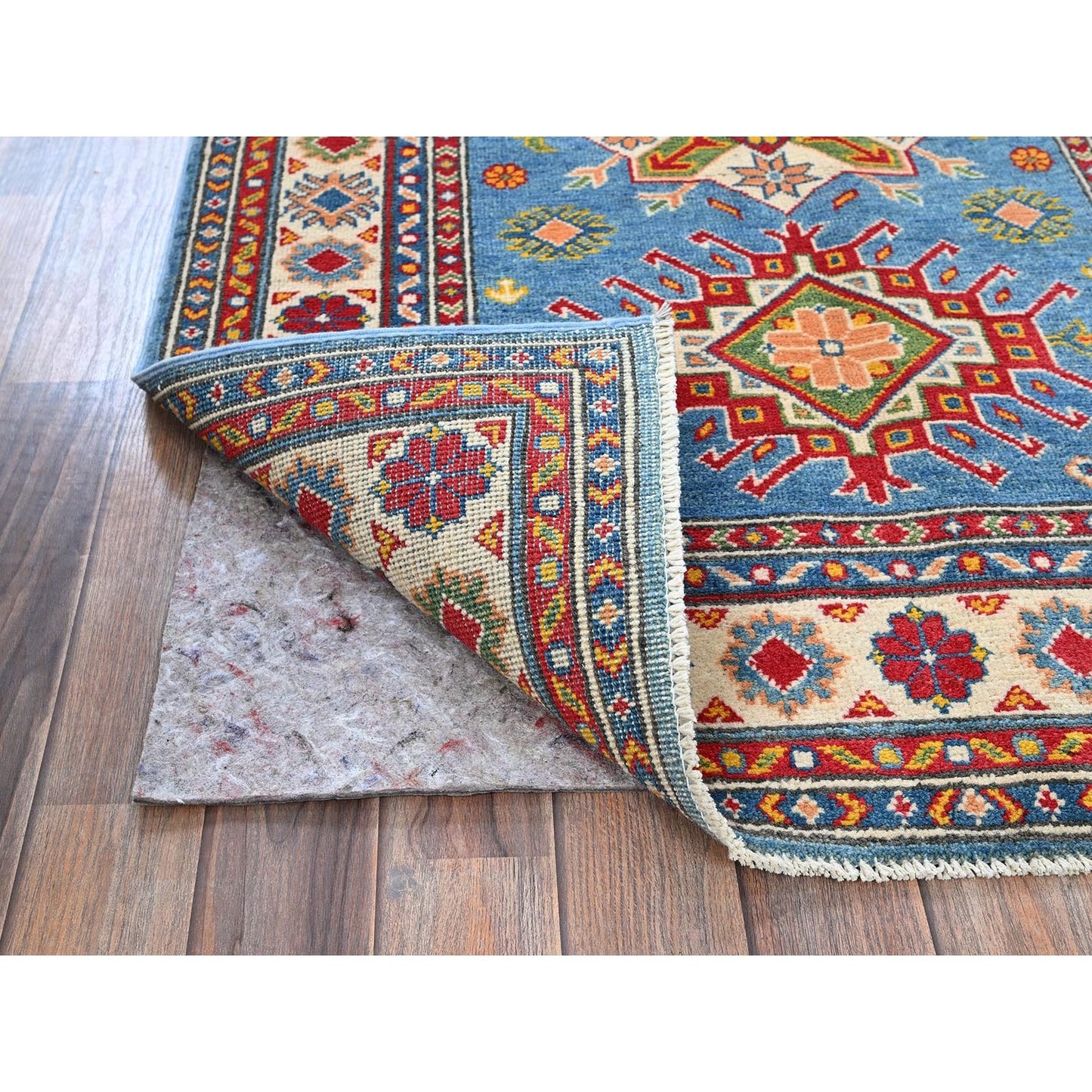 3'4"X5' Blue Kazak With Tribal Medallions Design Hand Knotted Wool Rug