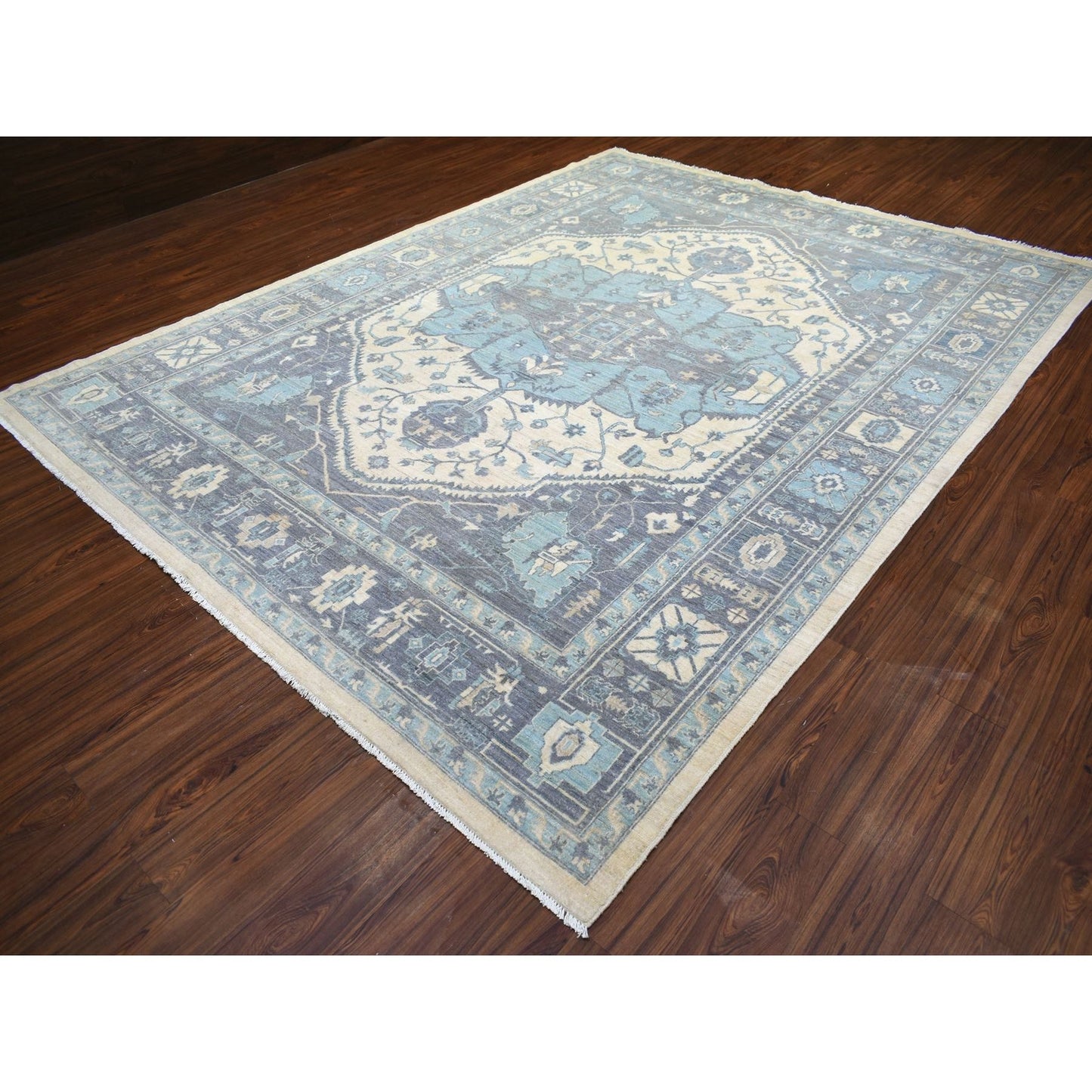 9'1"X11'9" Ivory Hand Knotted Fine Peshawar Afghan Wool Rug