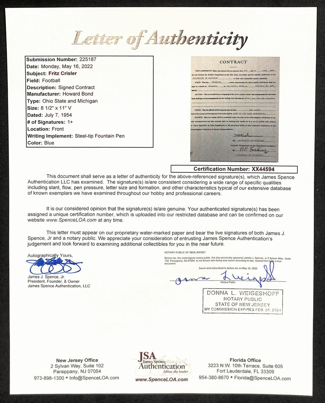 Fritz Crisler Cfb Hof Signed 1954 Contract