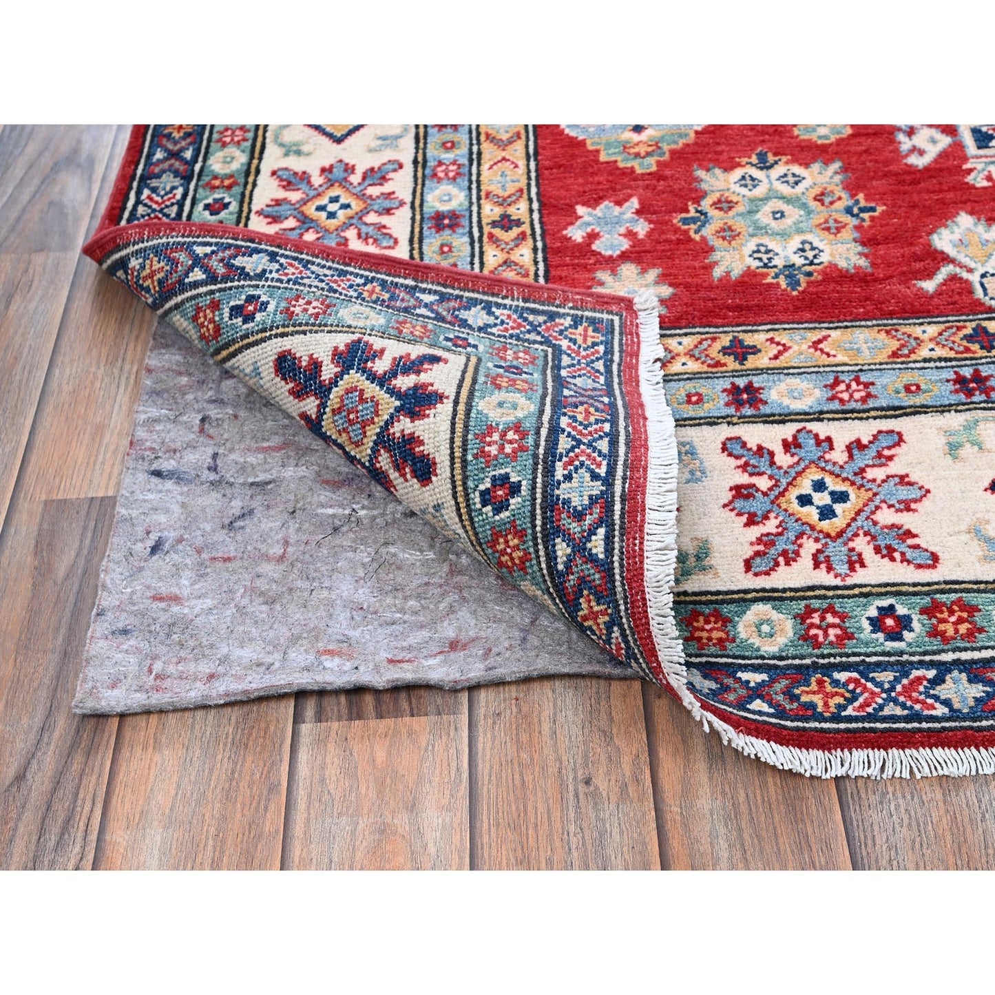 5'10"X8'8" Red Kazak With Geometric Medallions Design Wool Hand Knotted Rug