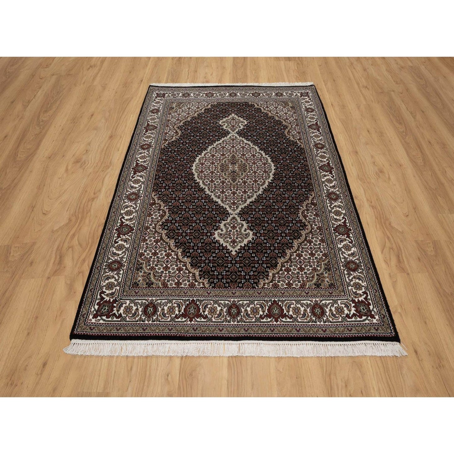 4'9"X6'9" Black Tebraz Mahi Fish Medallion Design Wool Hand Knotted Rug