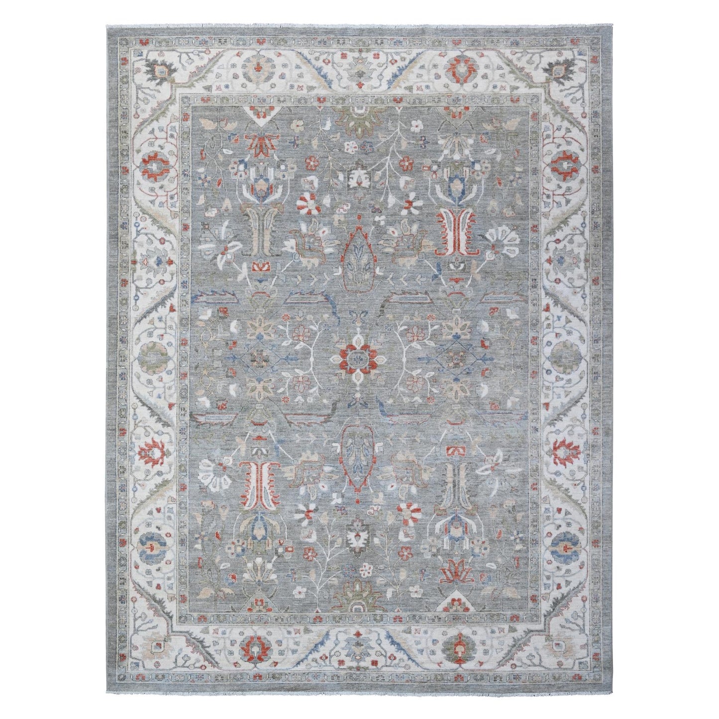 9'2"X11'10" Shark Gray Hand Knotted Heris All Over Design Peshawar Rug