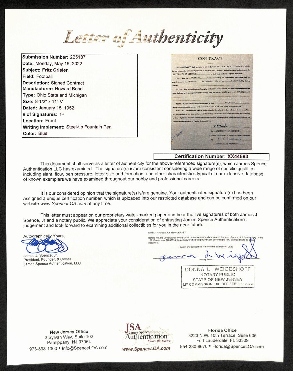 Fritz Crisler Cfb Hof Signed 1952 Contract