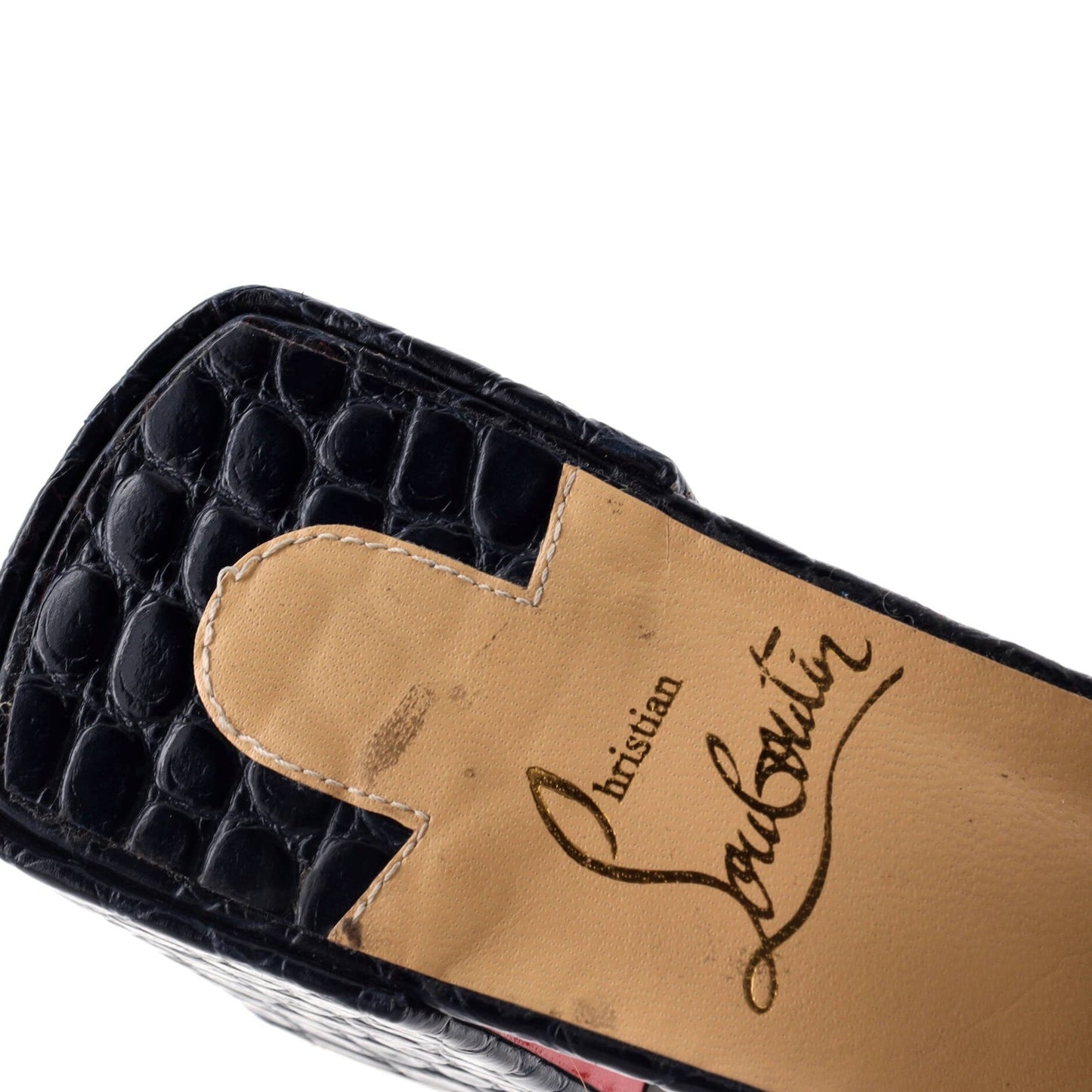 Christian Louboutin Women'S Lock Art Heeled Mules Crocodile Embossed Leather 55