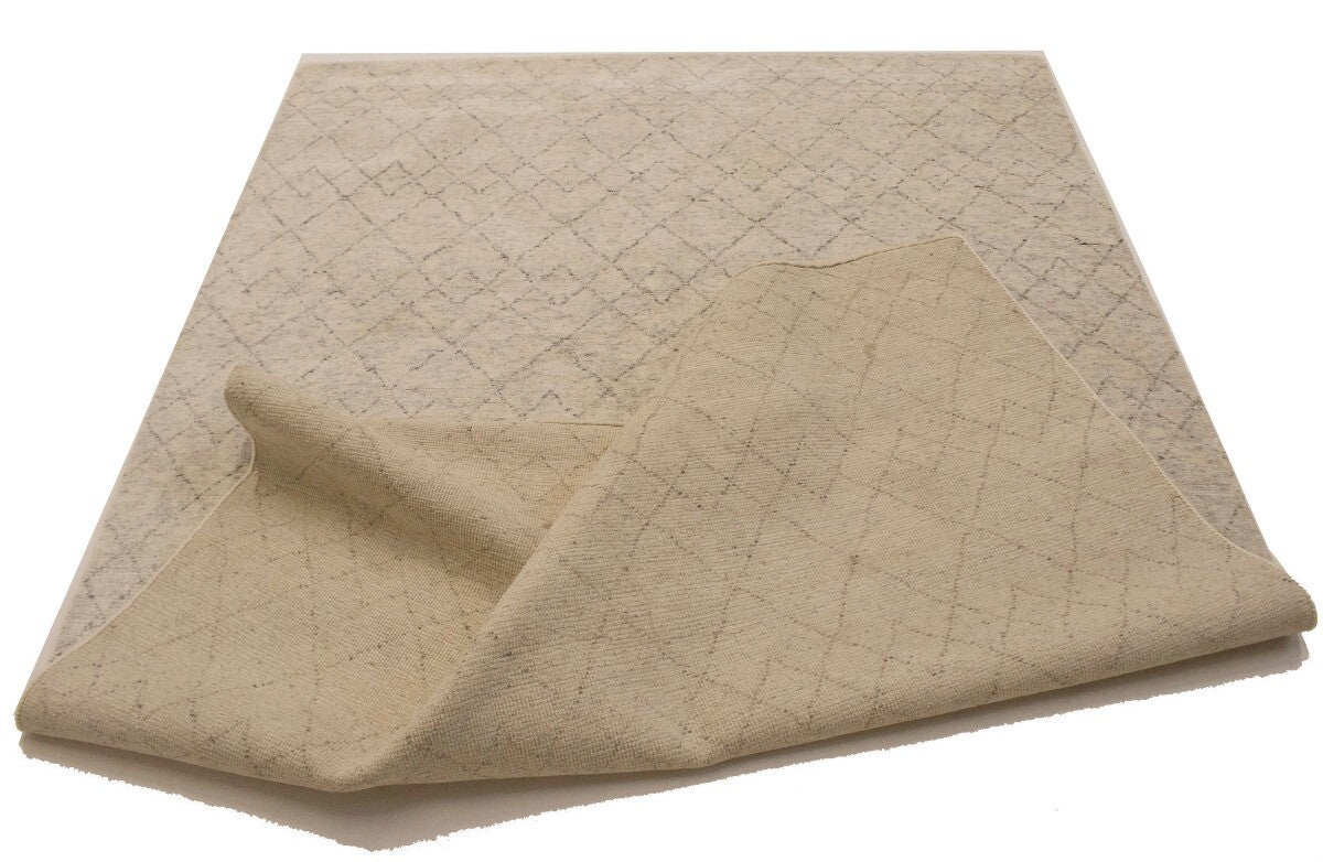 Hand-Knotted Beige Geometric Moroccan Rug Plush