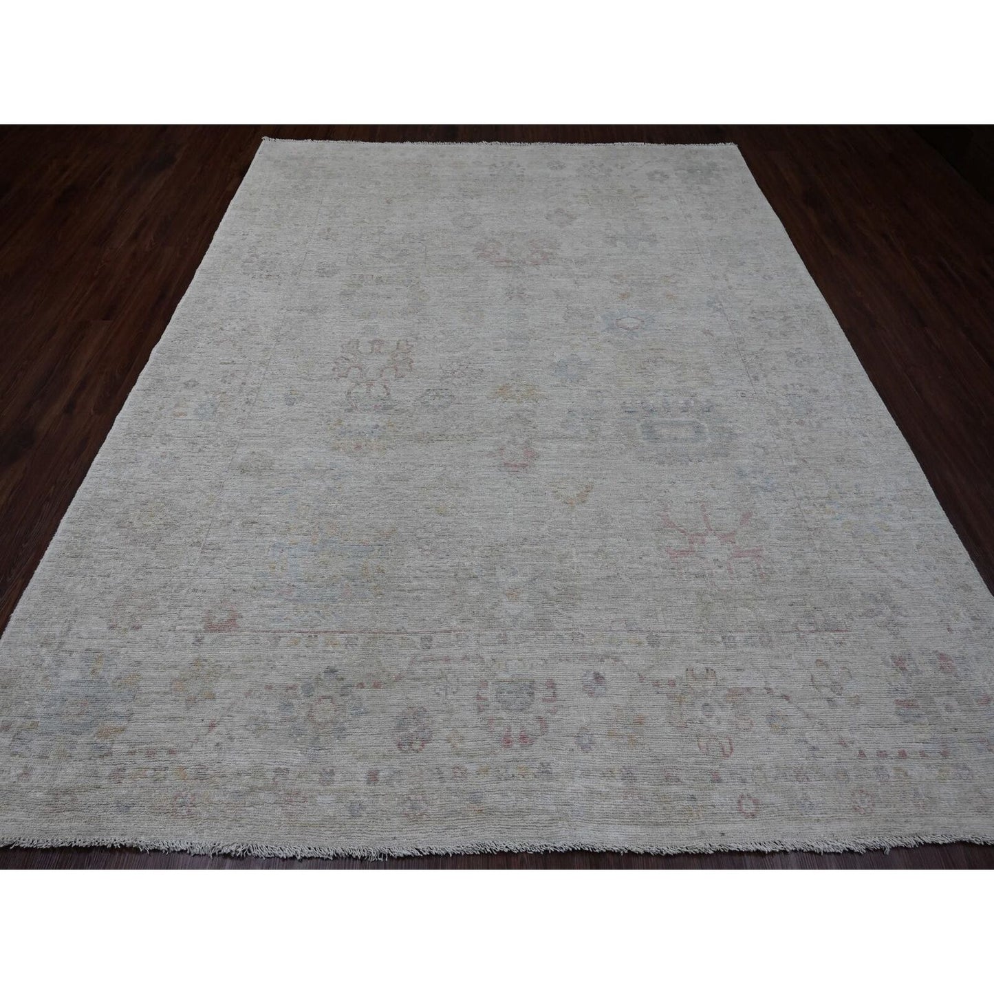 7'10"X9'8" Gray Hand Knotted Afghan Angora Oushak Leaf Design Wool Rug