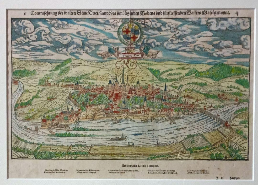 Sebastian Munster Trier Map 1598 Hand-Colored Woodcut Original Cosmographia