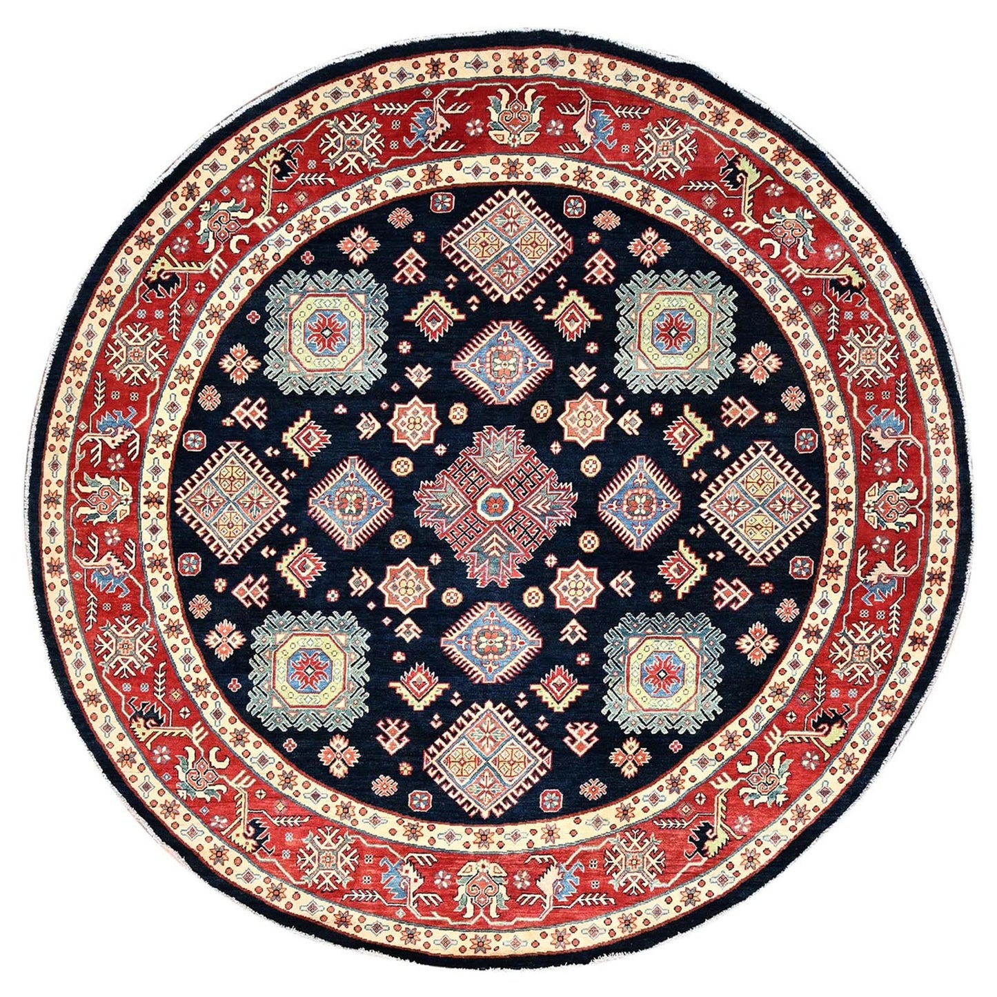 9'X9' Blue Special Kazak Geometric Wool Hand Knotted Round Oriental Rug