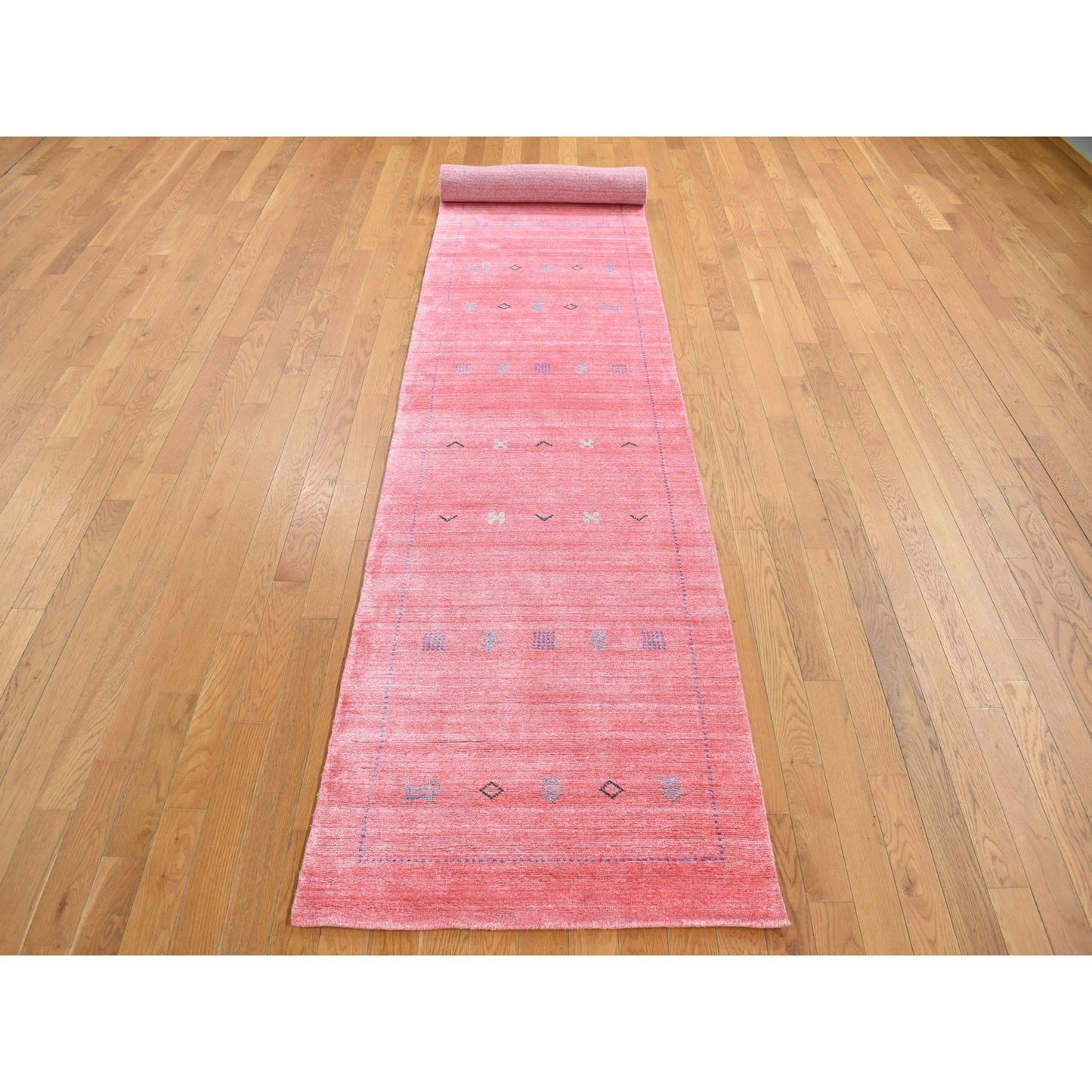 2'8"X13'6" Pink Wool And Silk Loomed Knotted Gabbeh Runner Oriental Rug