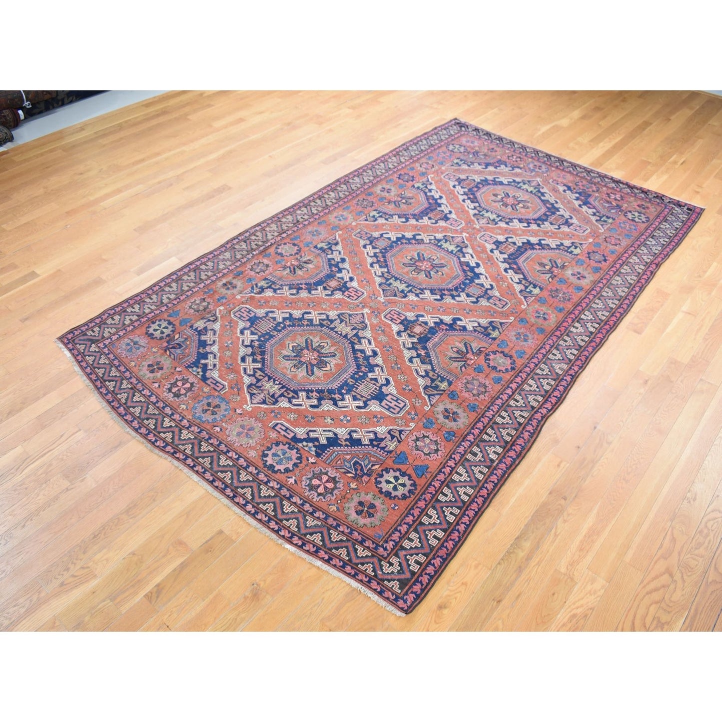 7'X11' Cinnamon Red Antique Caucasian Soumak Pure Wool Hand Knotted Rug