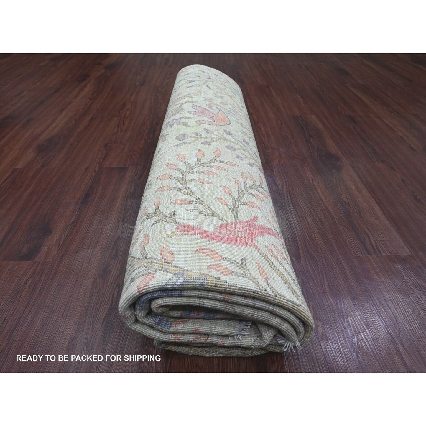 8'X8' Swamp Green Hand Knotted Peshawar Birds Design Soft Wool Square Rug