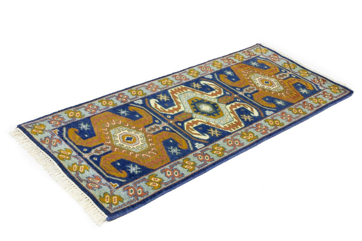 Navy Blue Geometric Tribal Kazak Rug Wool