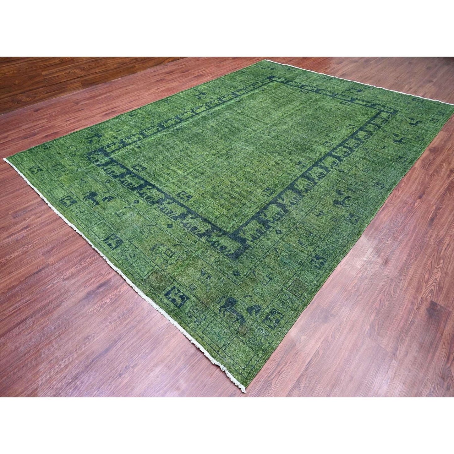 9'9"X13'8" Green Overdyed Peshawar Pazyryk Design Wool Hand Knotted Rug