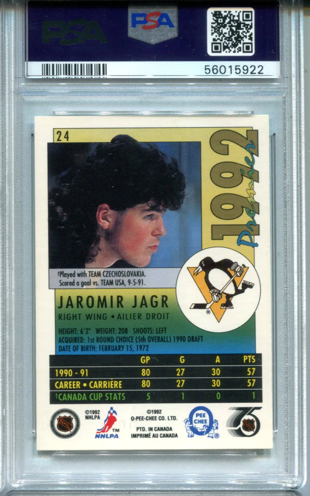 Jaromir Jagr 1991 O-Pee-Chee- Premier #24 Psa Mint 9 Card