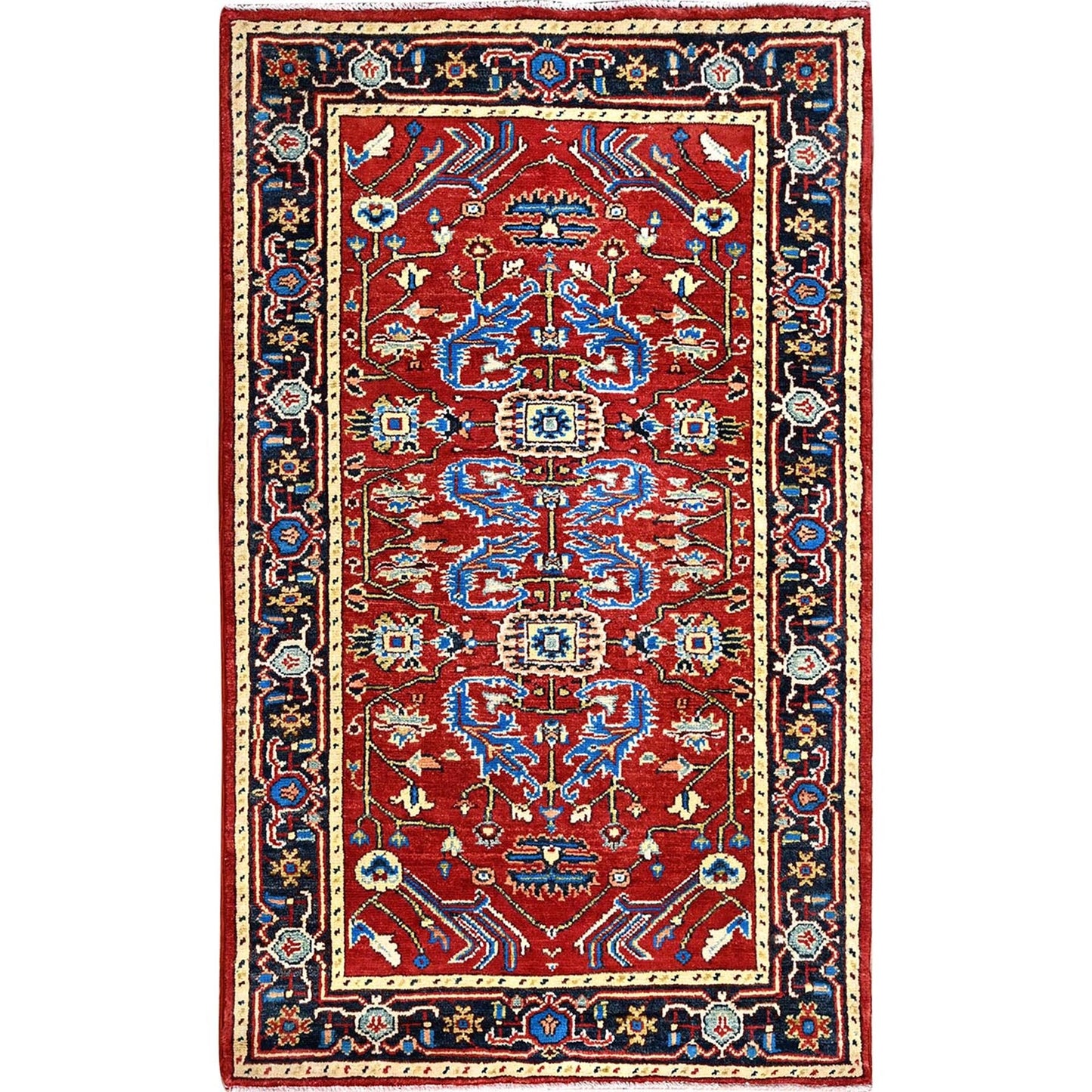 2'10"X4'7" Barn Red Seeripe Heris Design Soft Wool Hand Knotted Rug