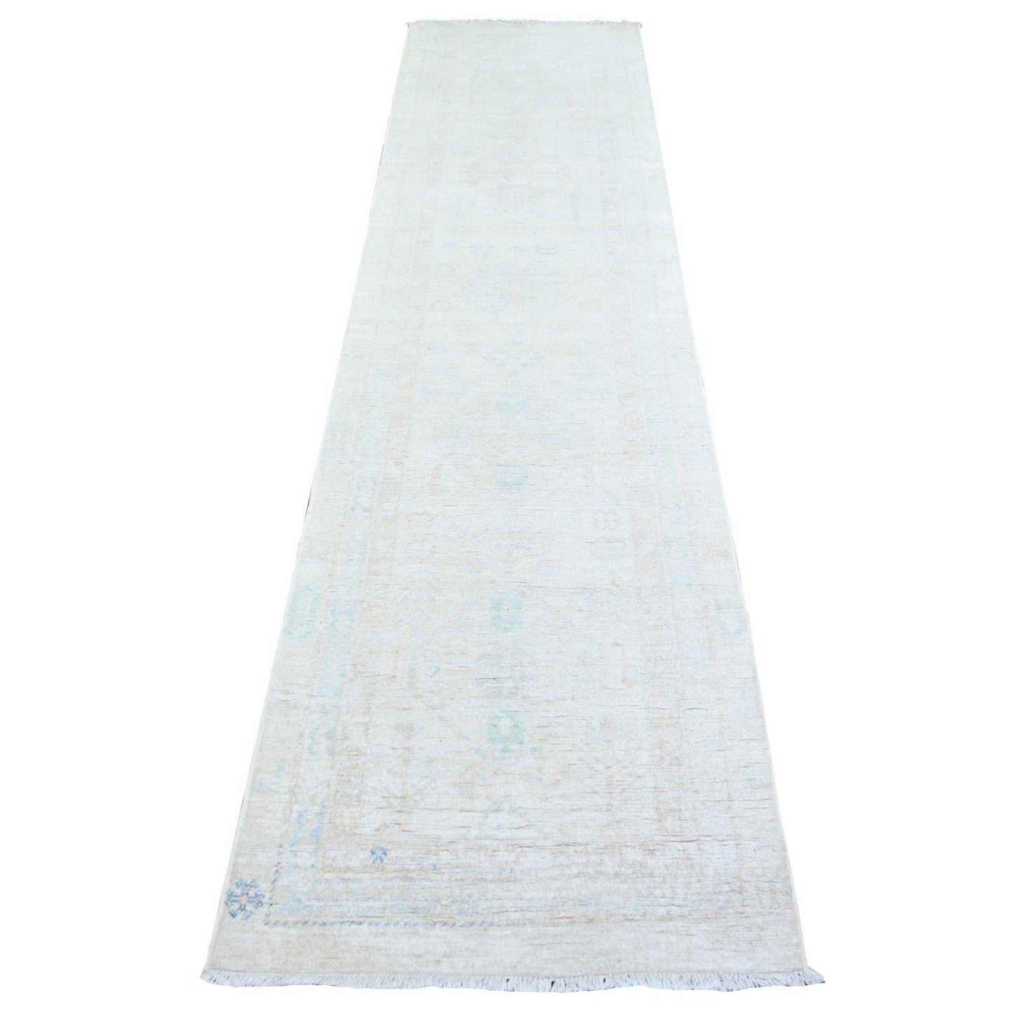 2'5"X8'5" Swan White Washed Out Peshawar Wool Hand Knotted Runner Rug