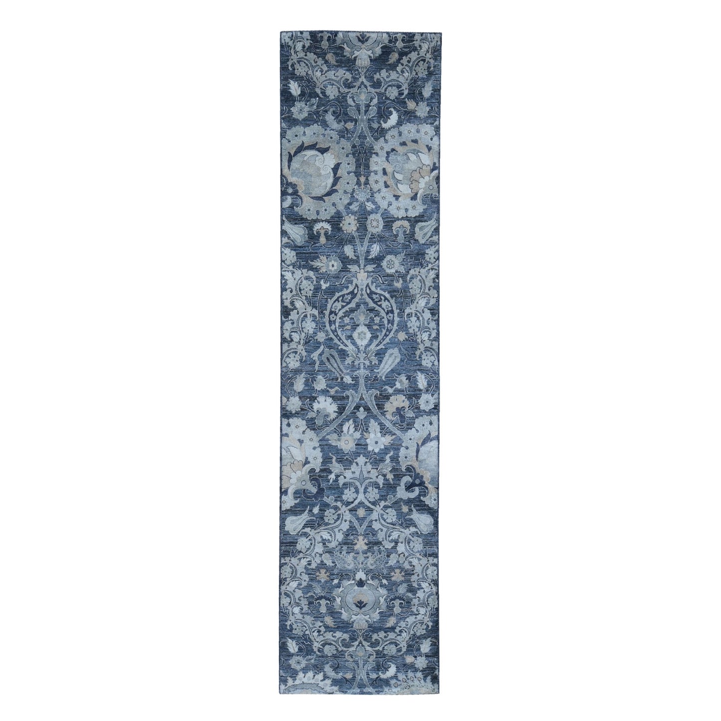 3'X12'2" Silk With Textured Wool Palmette Motif Hand Made Wide Runner Rug