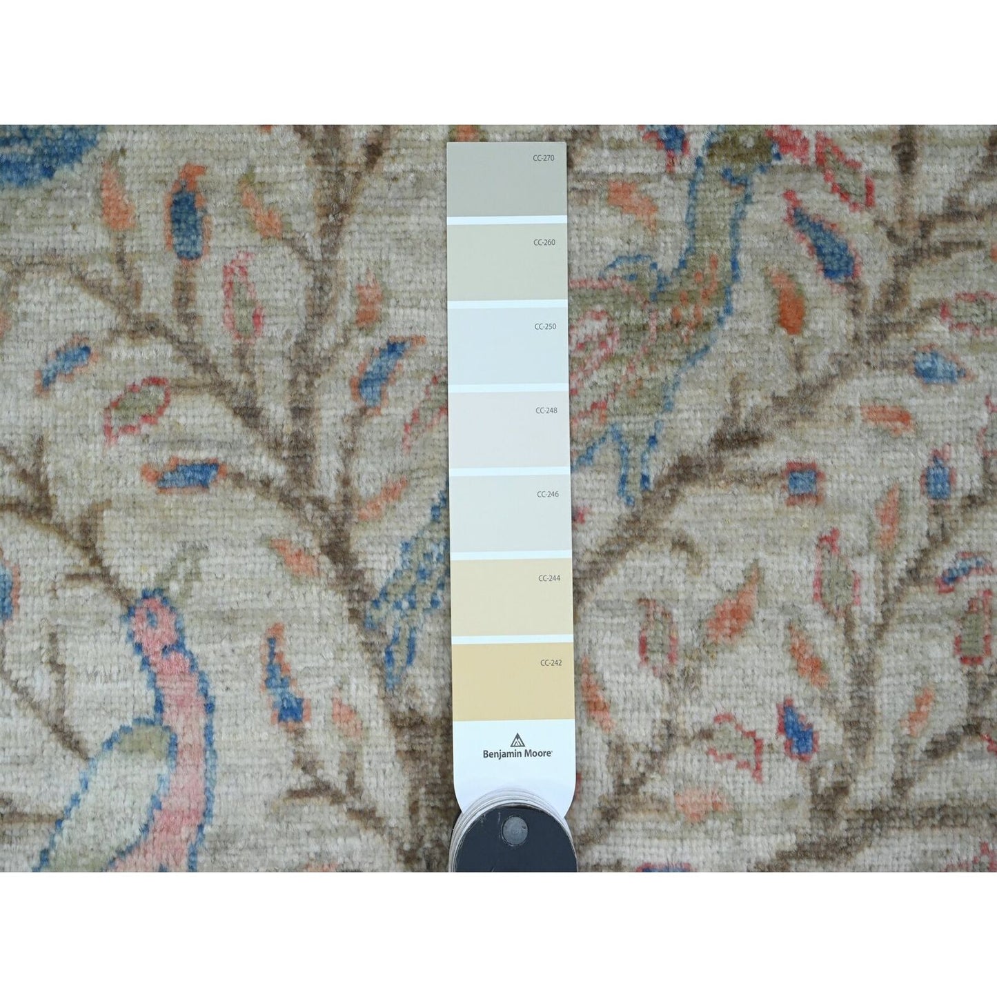 2'X2'10" White Hand Knotted Afghan Peshawar Birds Design All Wool Mat Rug