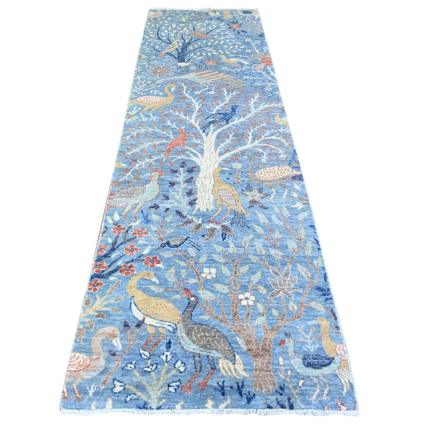 3'X10'2" Blue Peshawar Birds Of Paradise Wool Hand Knotted Runner Rug