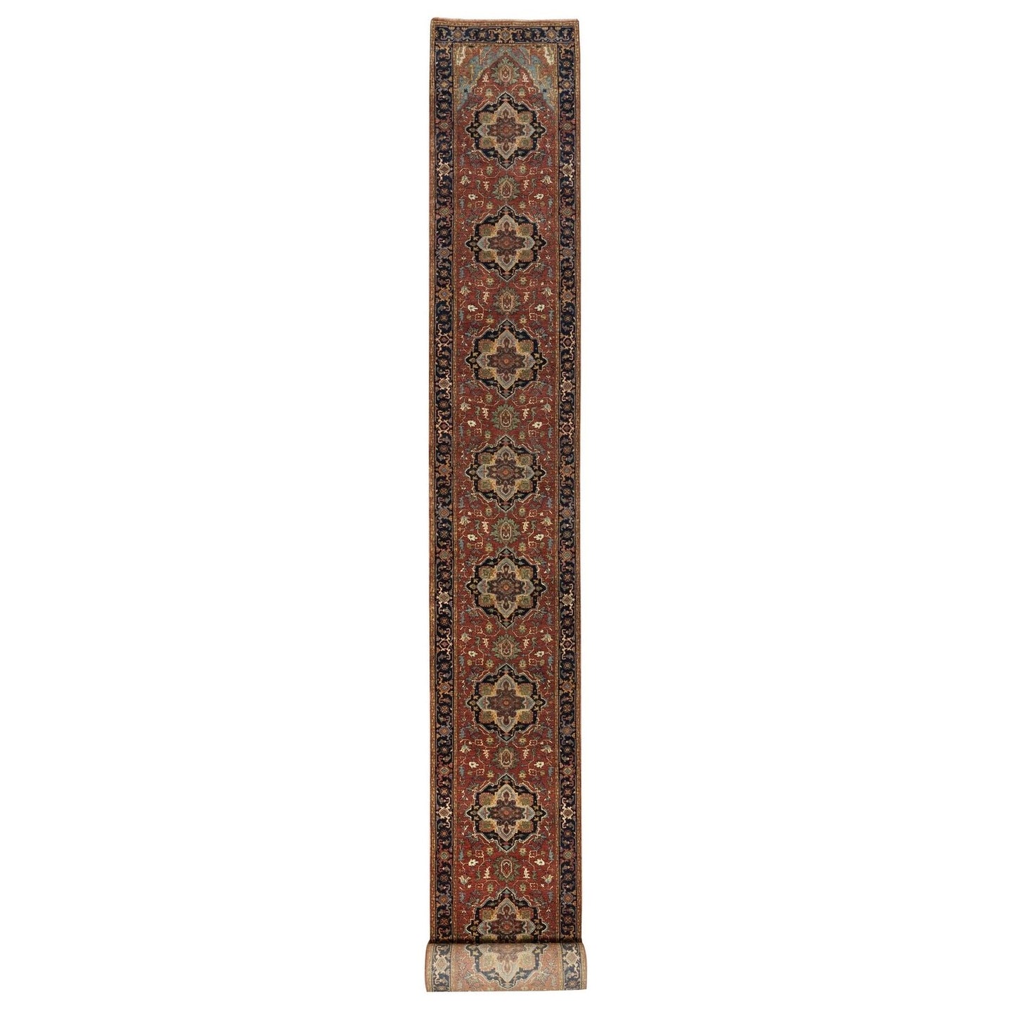2'7"X28' Red Hand Knotted Antiqued Heri Re-Creation Wool Xl Runner Rug