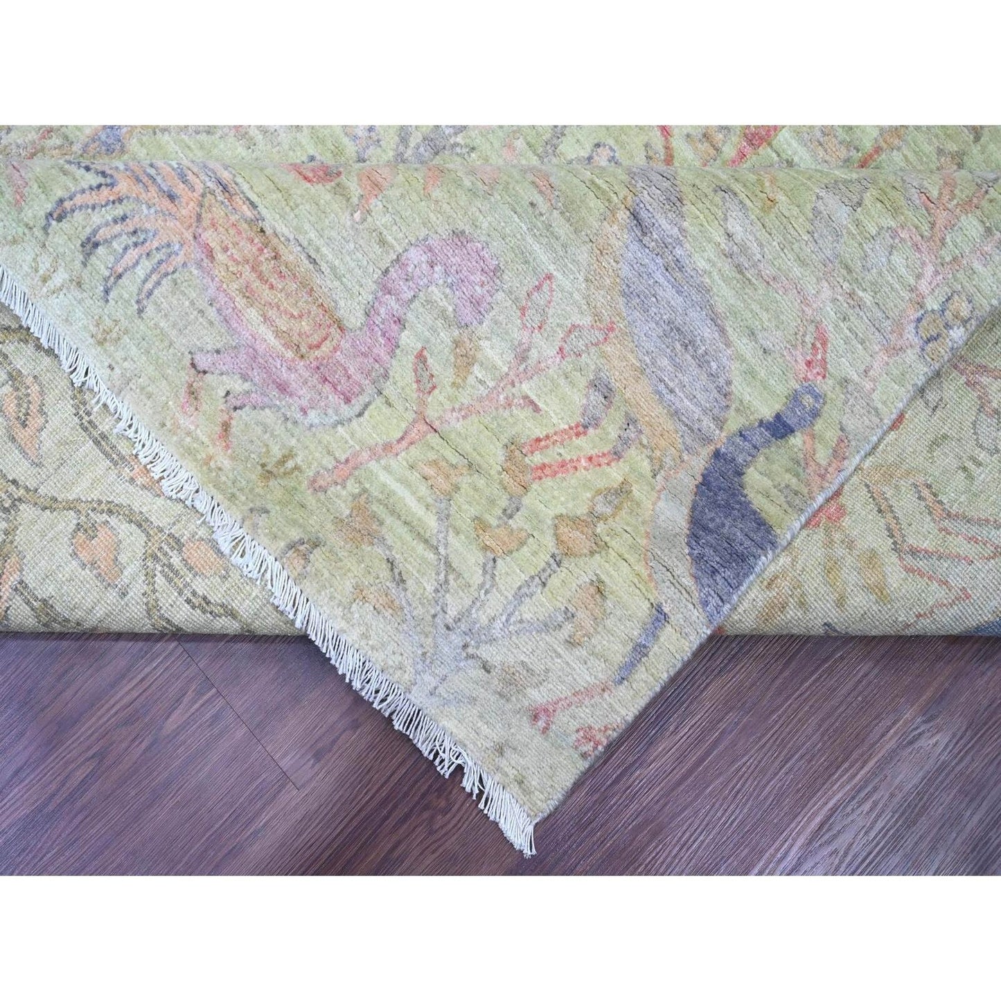 8'10"X12'3" Green Afghan Peshawar Birds Design Hand Knotted Soft Wool Rug