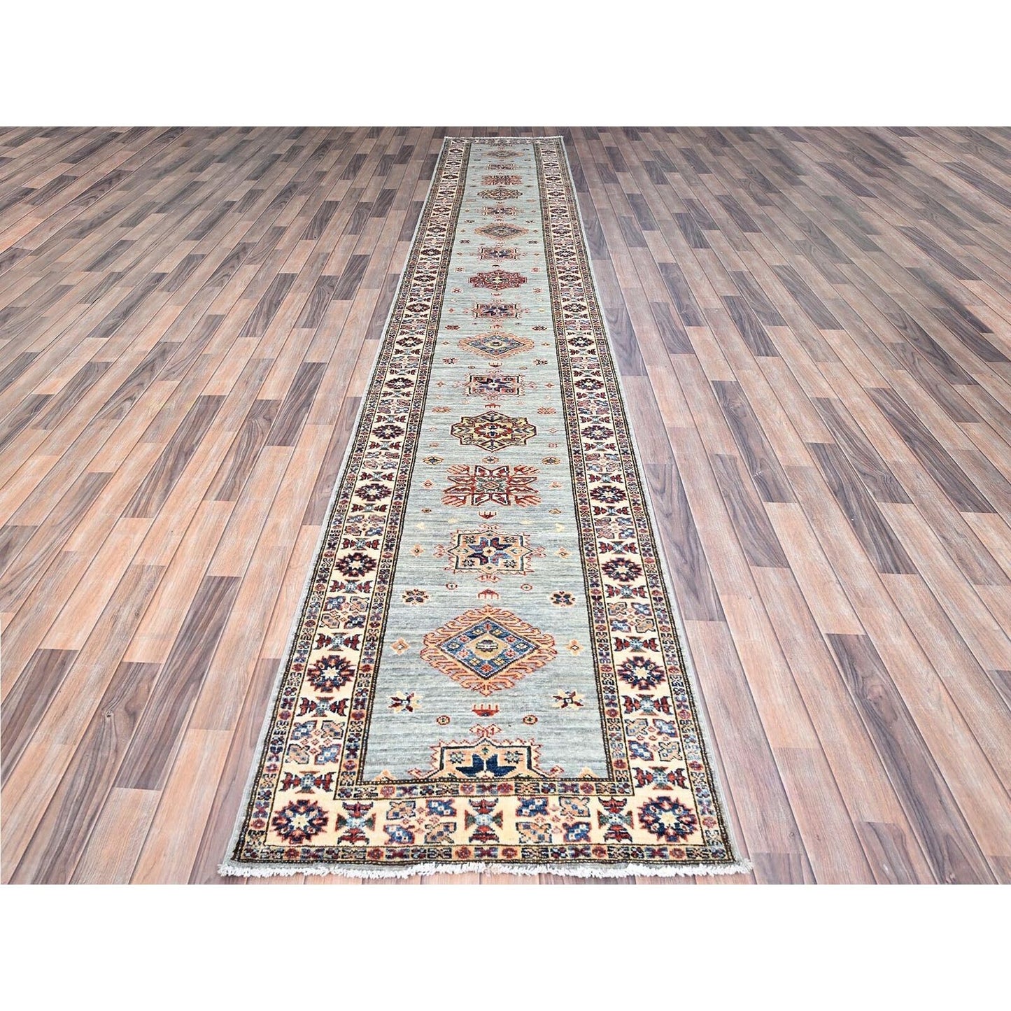 2'9"X15'5" Puritan Gray100% Wool Oriental Afghan Super Kazak Runner Rug