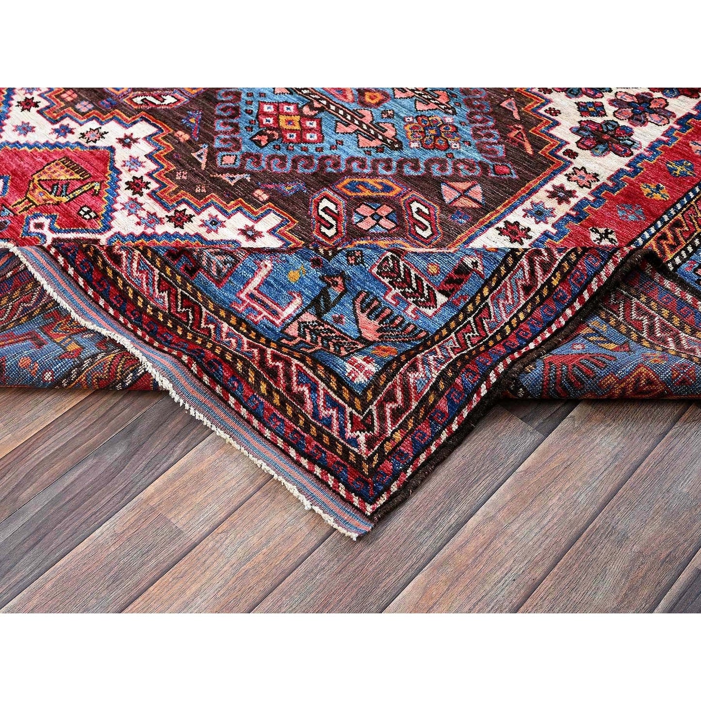 6'X7'8" Ivory Afghan Caucasian Design Revival Soft Wool Hand Knotted Rug