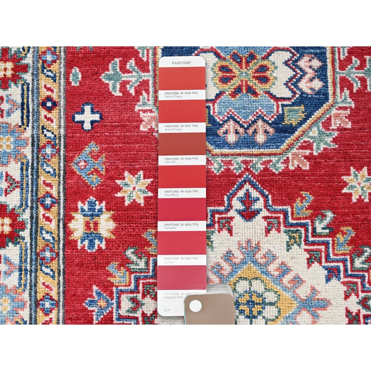 2'9"X6'8" Red Kazak With Medallions Design Hand Knotted All Wool Runner Rug