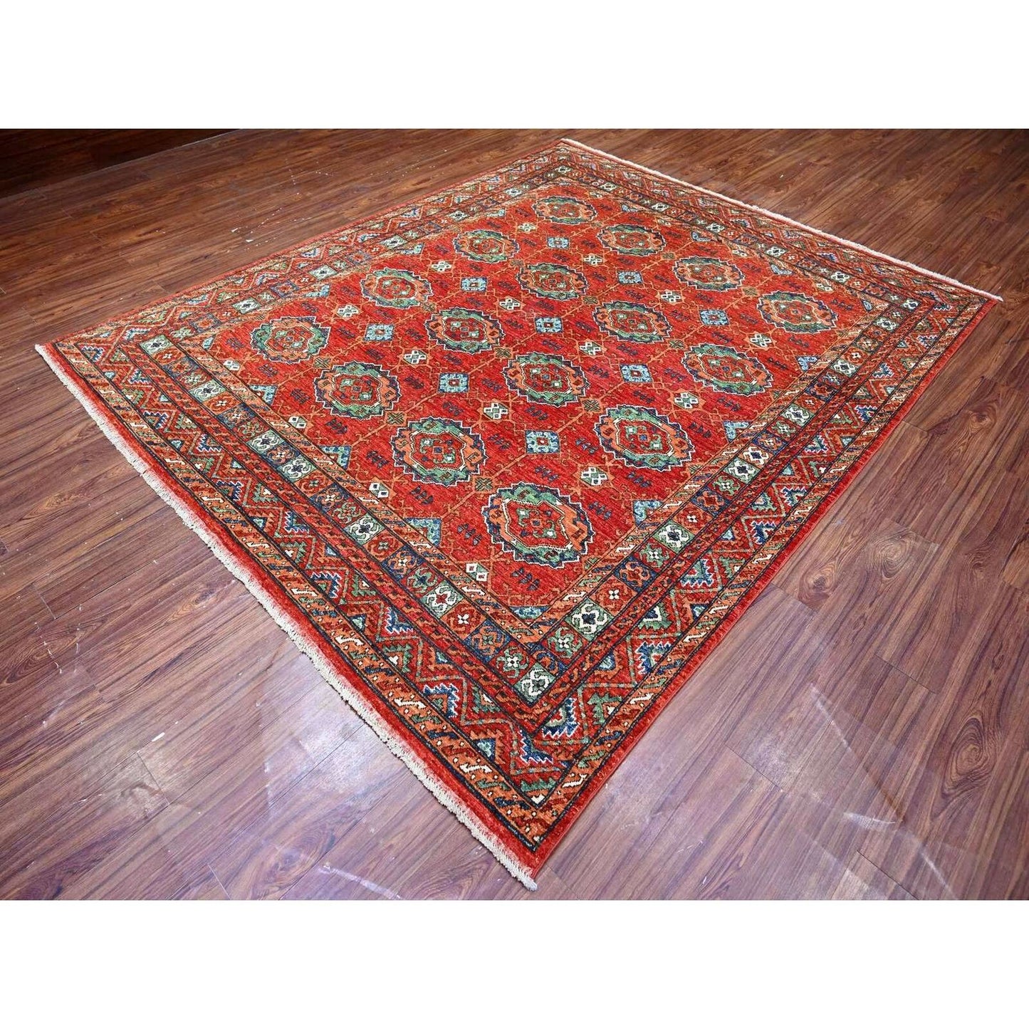 8'X9'6" Red Hand Knotted Extra Soft Wool Afghan Ersari Oriental Rug