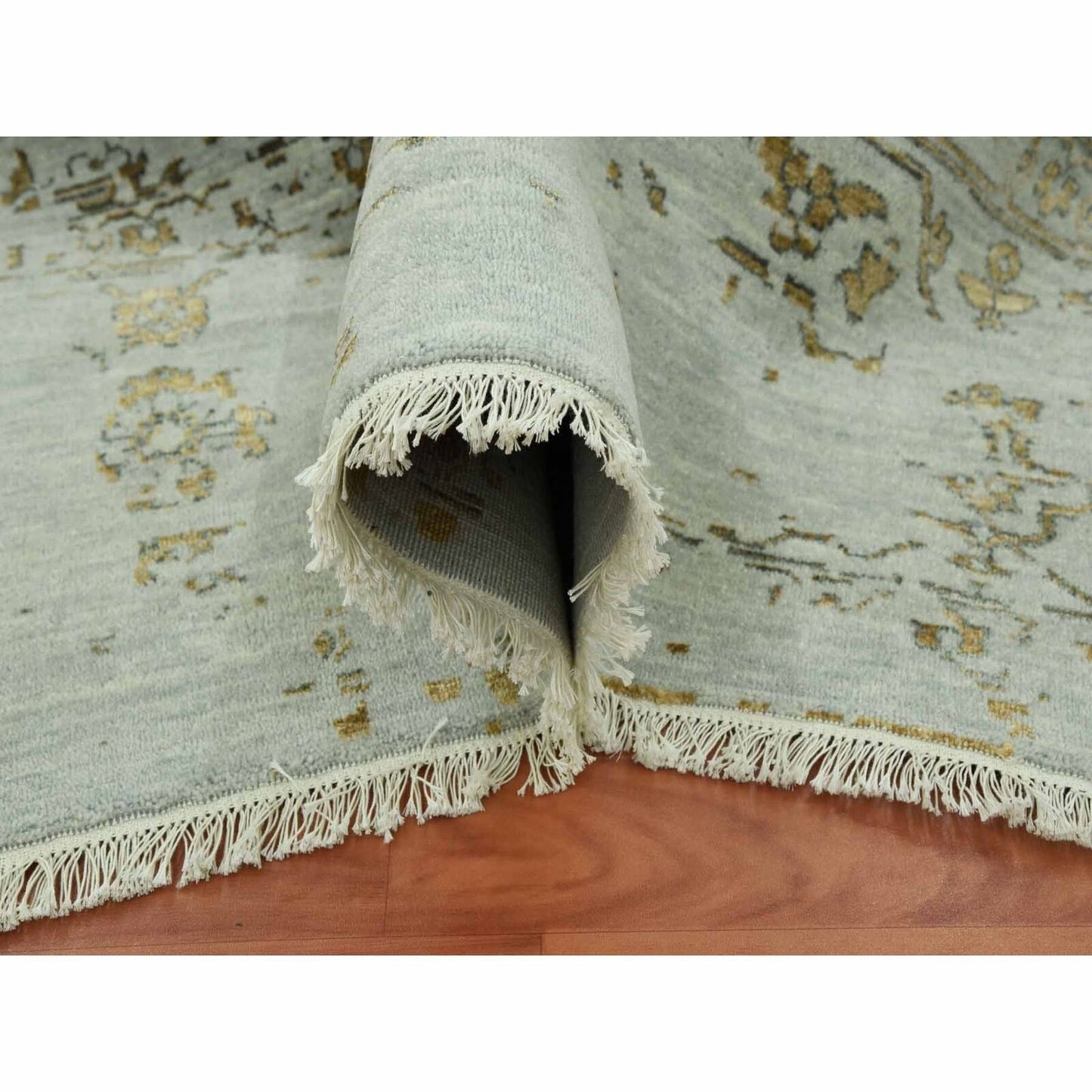 10'X14' Gray Hand Knotted Zoroastrian Heris Design Wool And Silk Rug