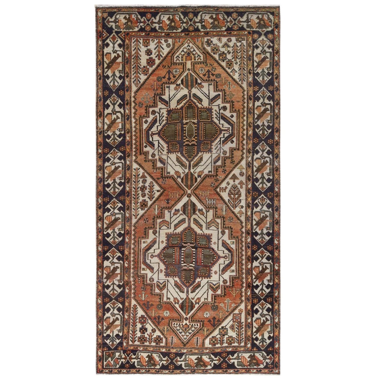 5'3"X10'10" Brown Worn Wool Hand Knotted Vintage Farsian Runner Rug