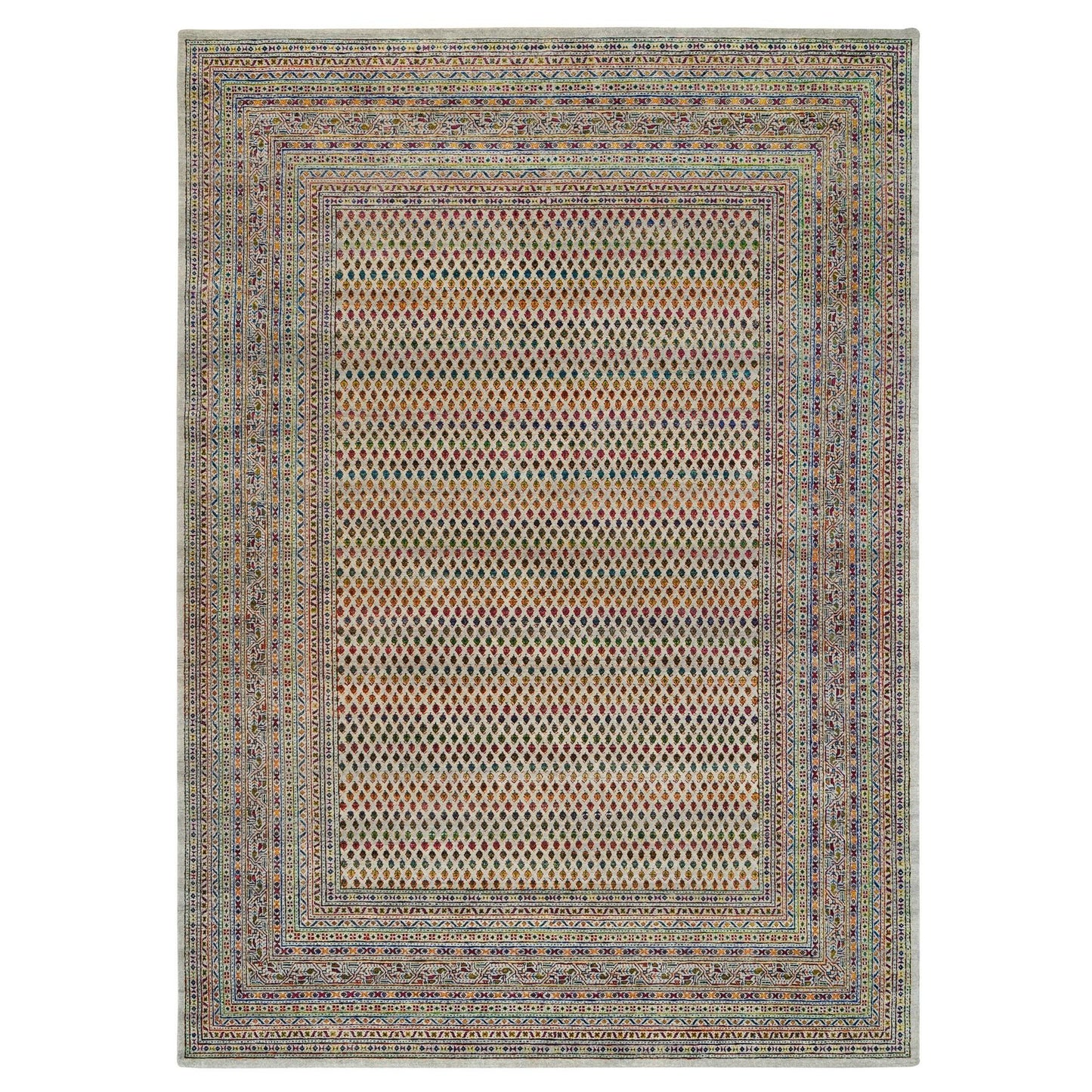 8'8"X12'2" Hand Knotted Beige Saroogh Colorful Wool And Sari Silk Rug