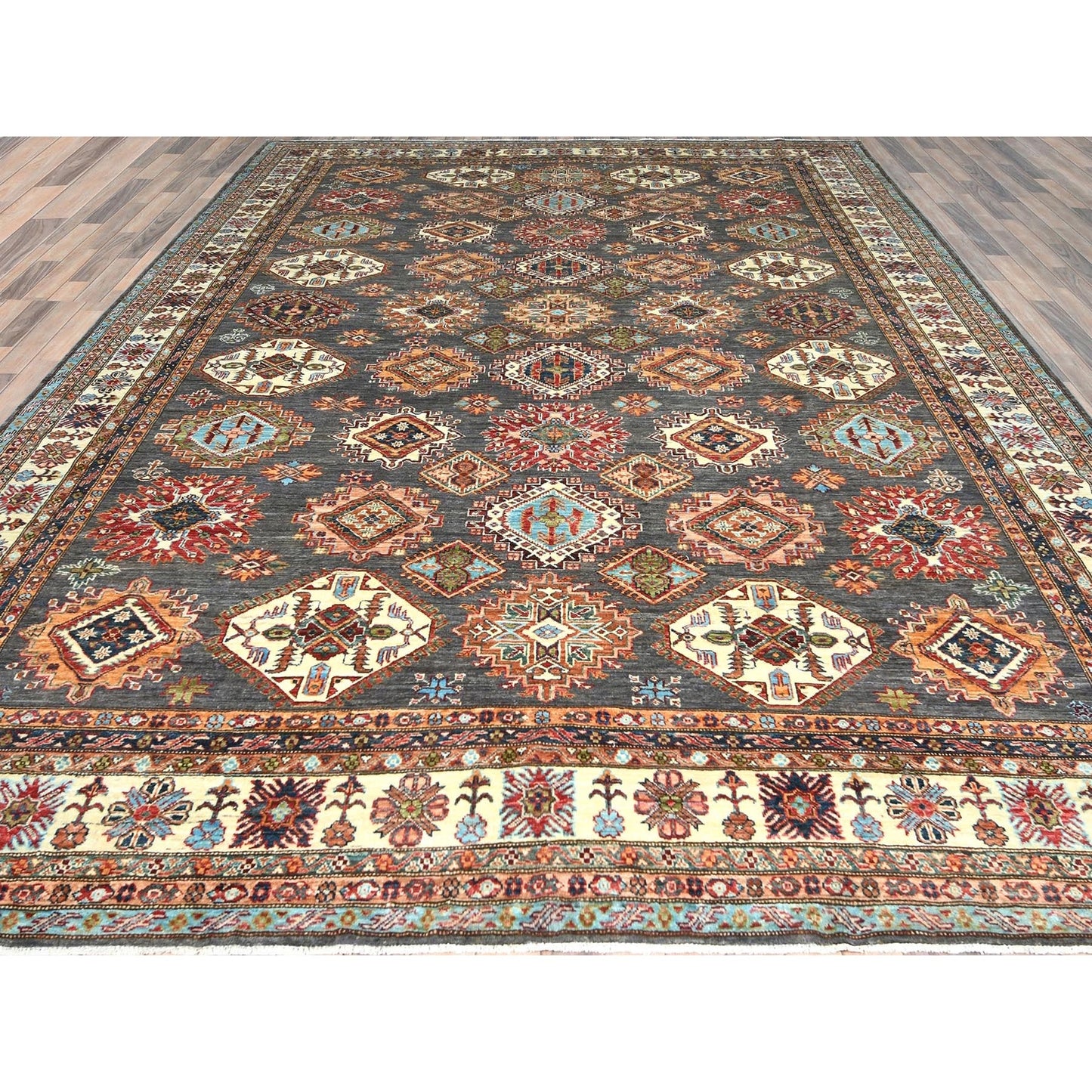 10'3"X13'10" Stone Gray Soft Wool Hand Knotted Afghan Super Kazak Rug