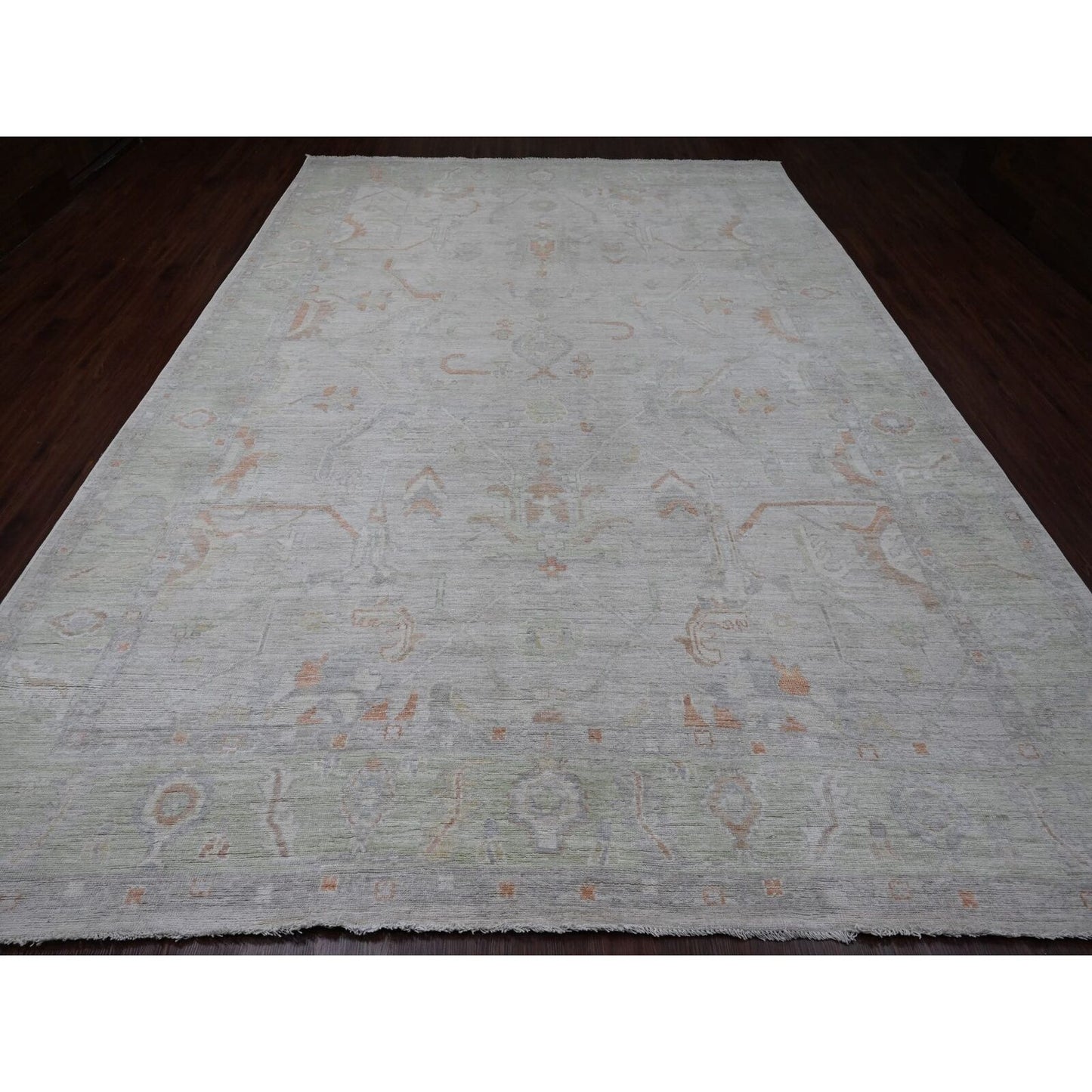 9'7"X13'6" White Afghan Angora Oushak Vines Design Wool Hand Knotted Rug