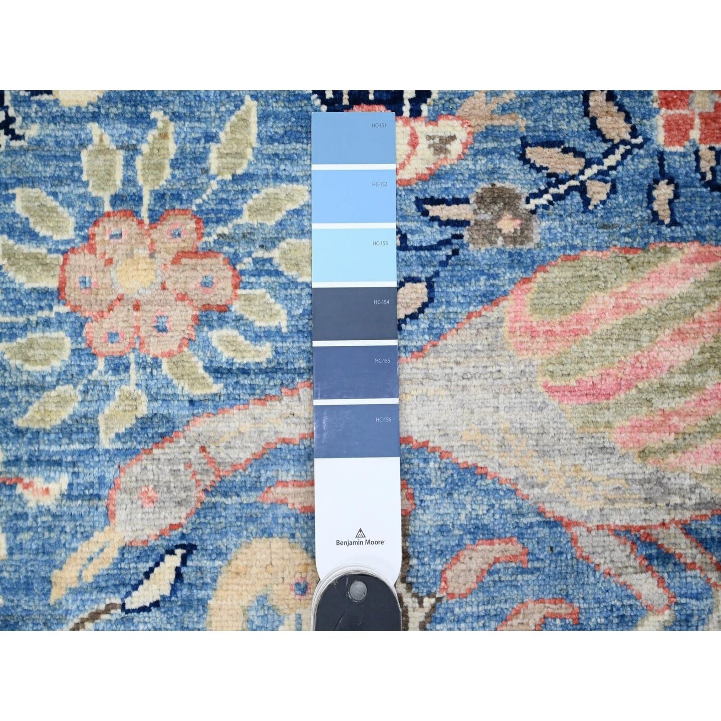 3'X21'3" Blue Afghan Peshawar Birds Design Hand Knotted Wool Runner Rug